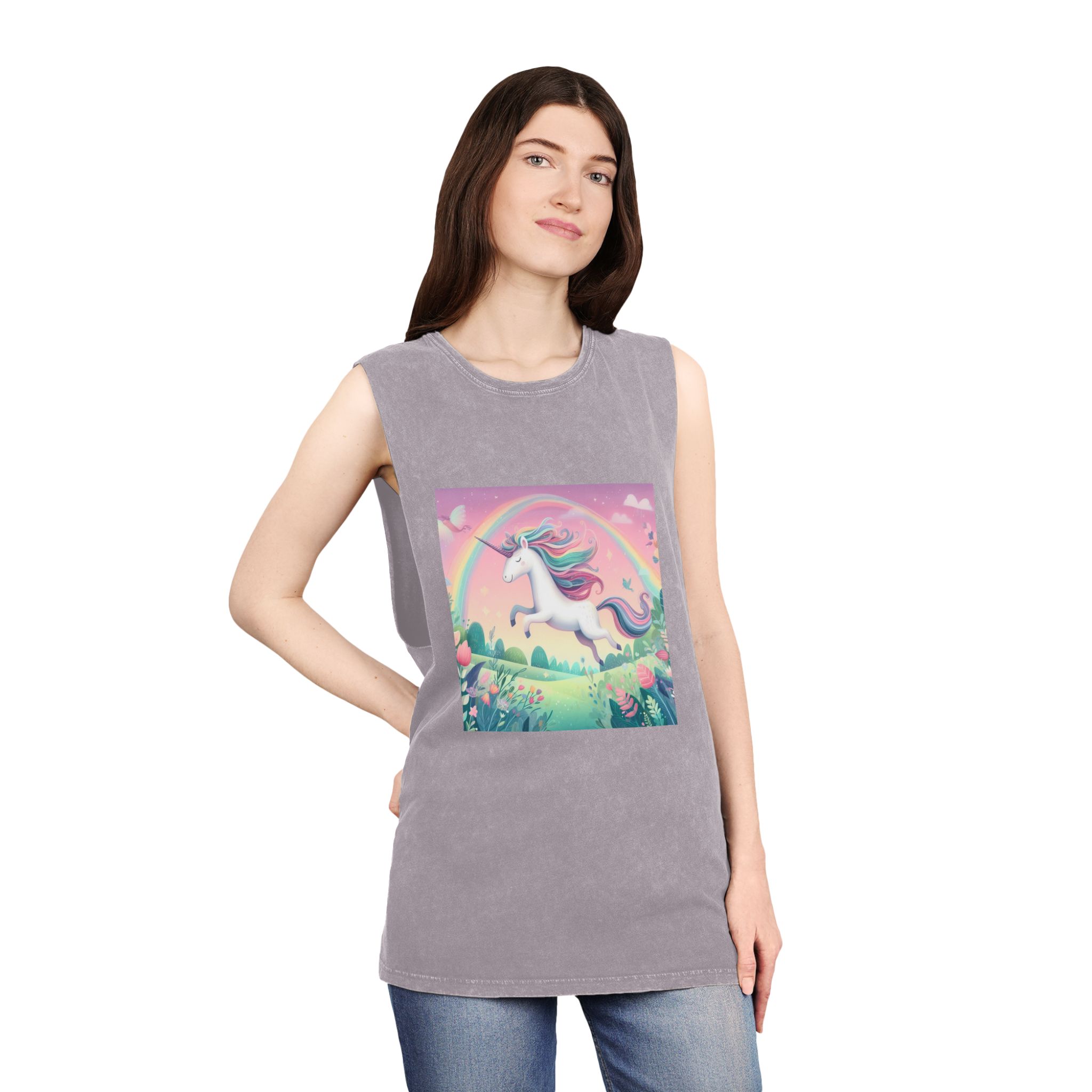 Beautiful Unicorn Running Magical Meadow Unicorn Background Images Whimsical Unicorn (9) Unisex Stonewash Tank Top - Image 20
