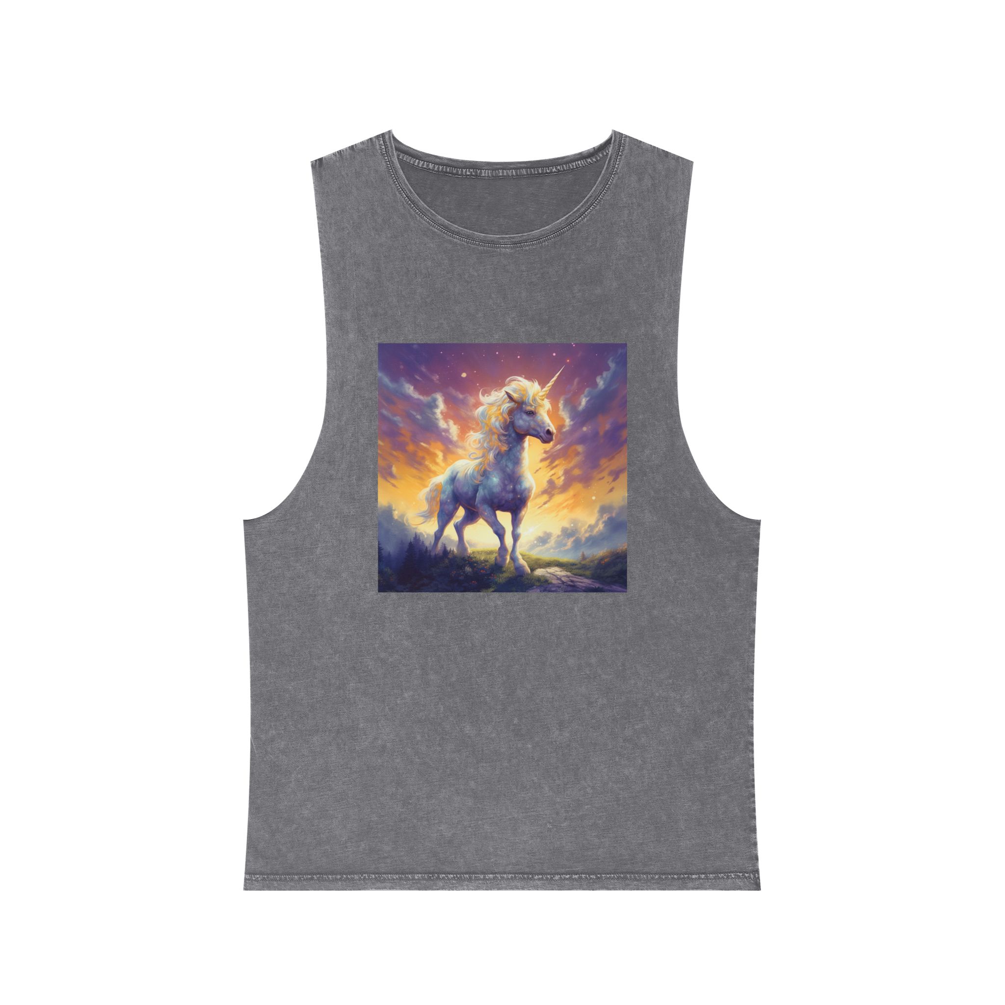 Painting Unicorn Standing Hill With Sunset Background Generative Ai (1) Unisex Stonewash Tank Top - Image 9