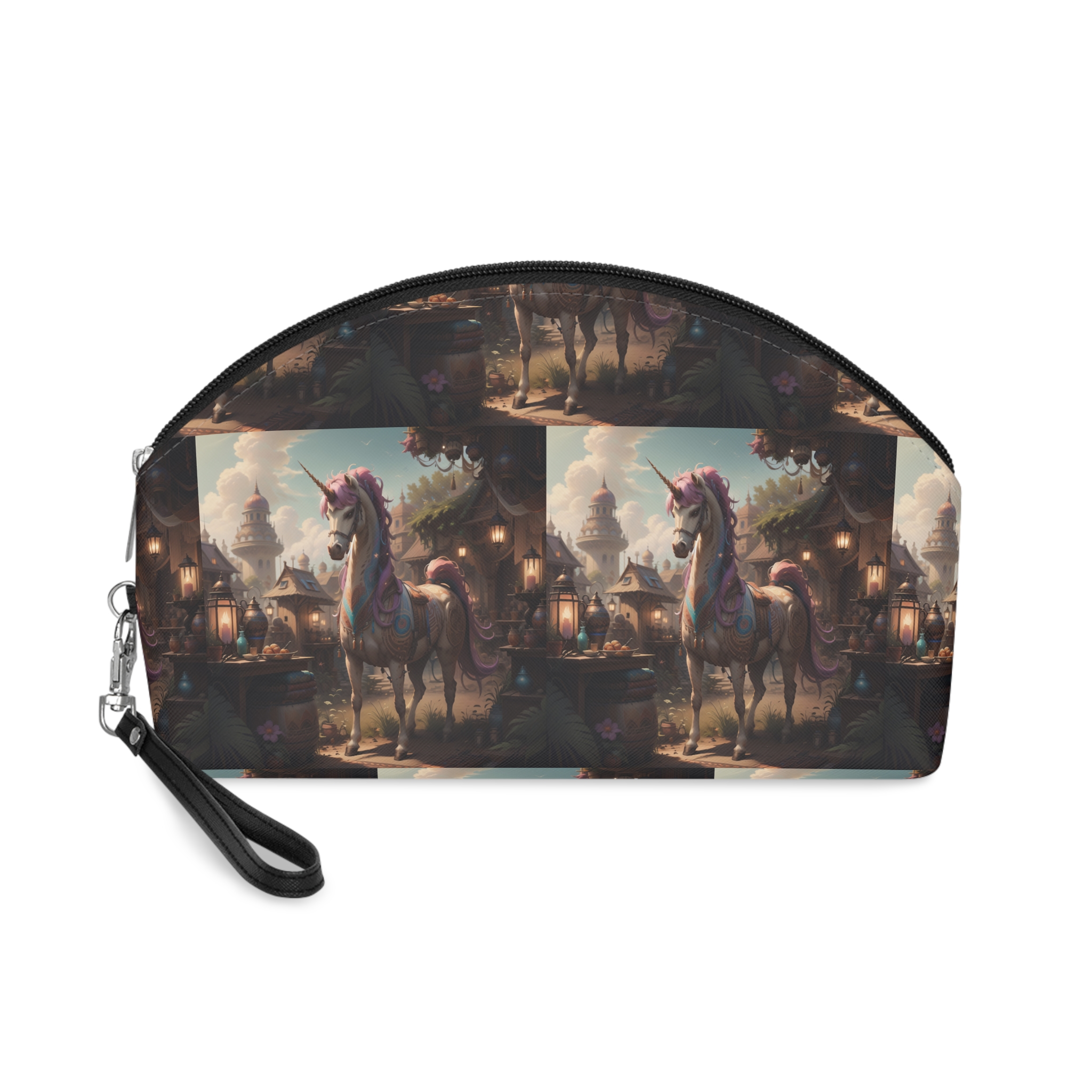 Unicorn With Purple Mane Stands Front Small Town With Lamp Post Makeup Bag