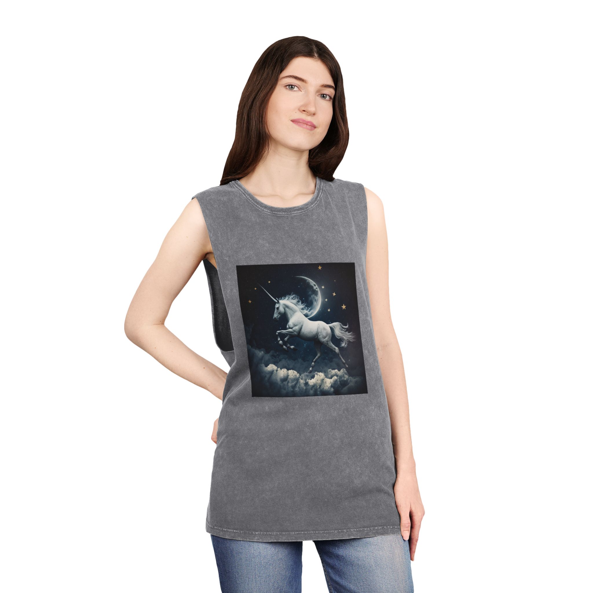 Unicorn Clouds With Full Moon Background Generative Ai Unisex Stonewash Tank Top - Image 12