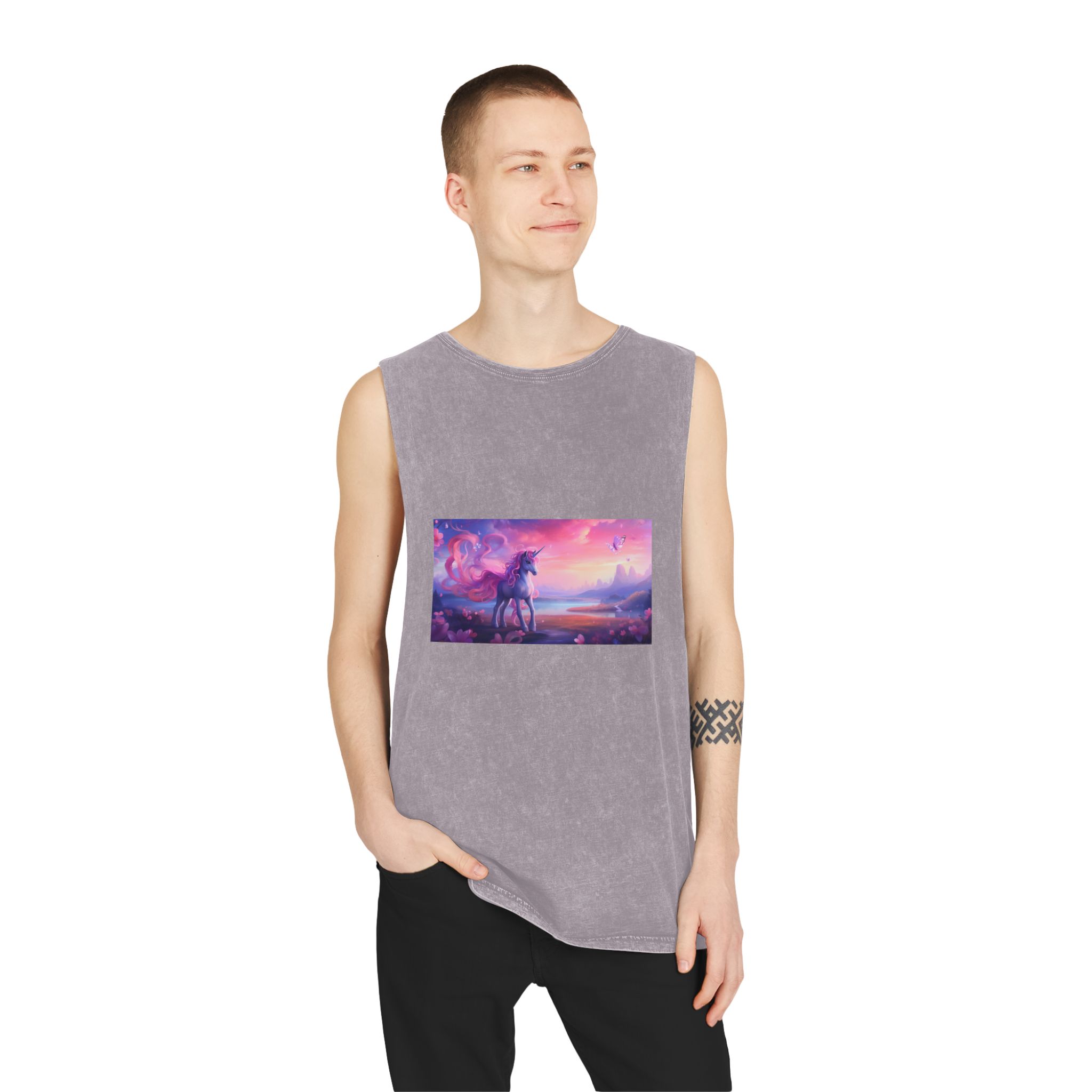 Unicorn Standing Field Flowers With Butterflies Flying Around Generative Ai Unisex Stonewash Tank Top - Image 19
