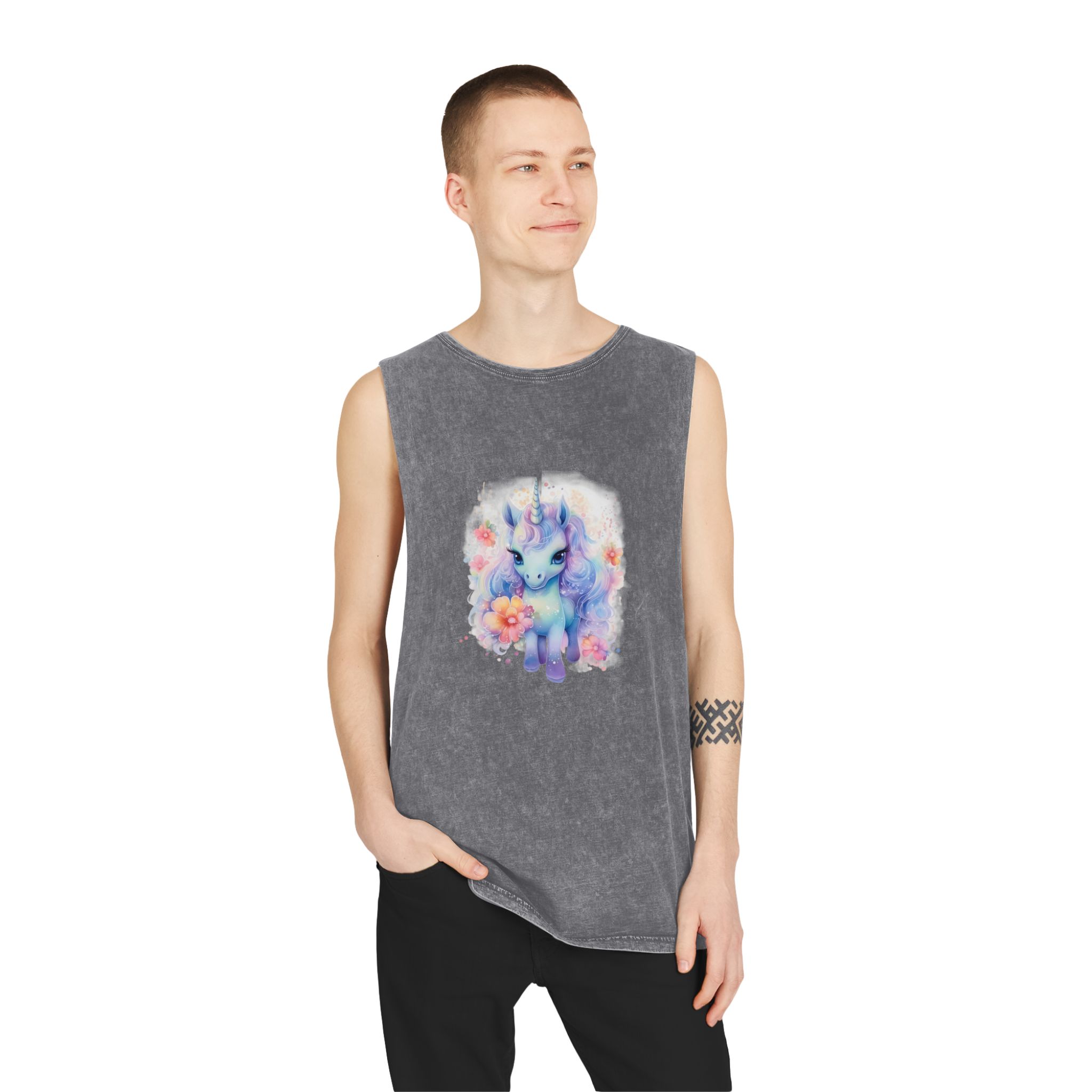 Cute Colorful Magic Unicorn With Flowers Watercolor Style Copia Unisex Stonewash Tank Top - Image 11