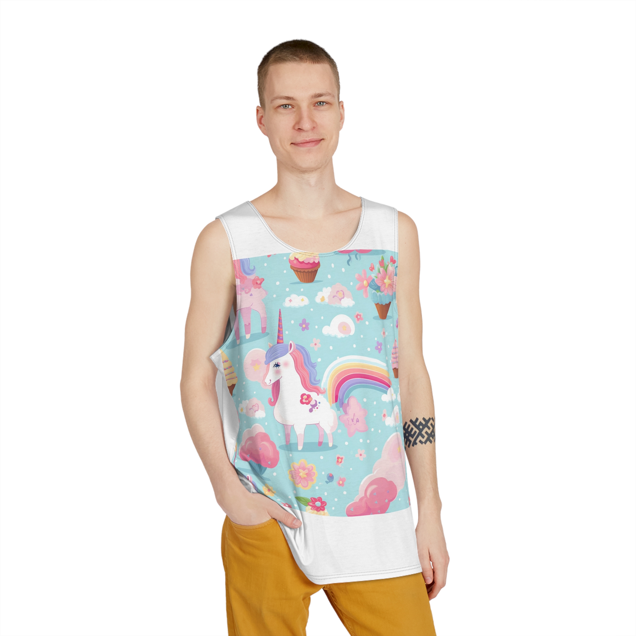 Playful Unicorns Among Flowers Clouds Rainbows Ice Creams Pastel Background (1) Mens Tank Aop - Image 3