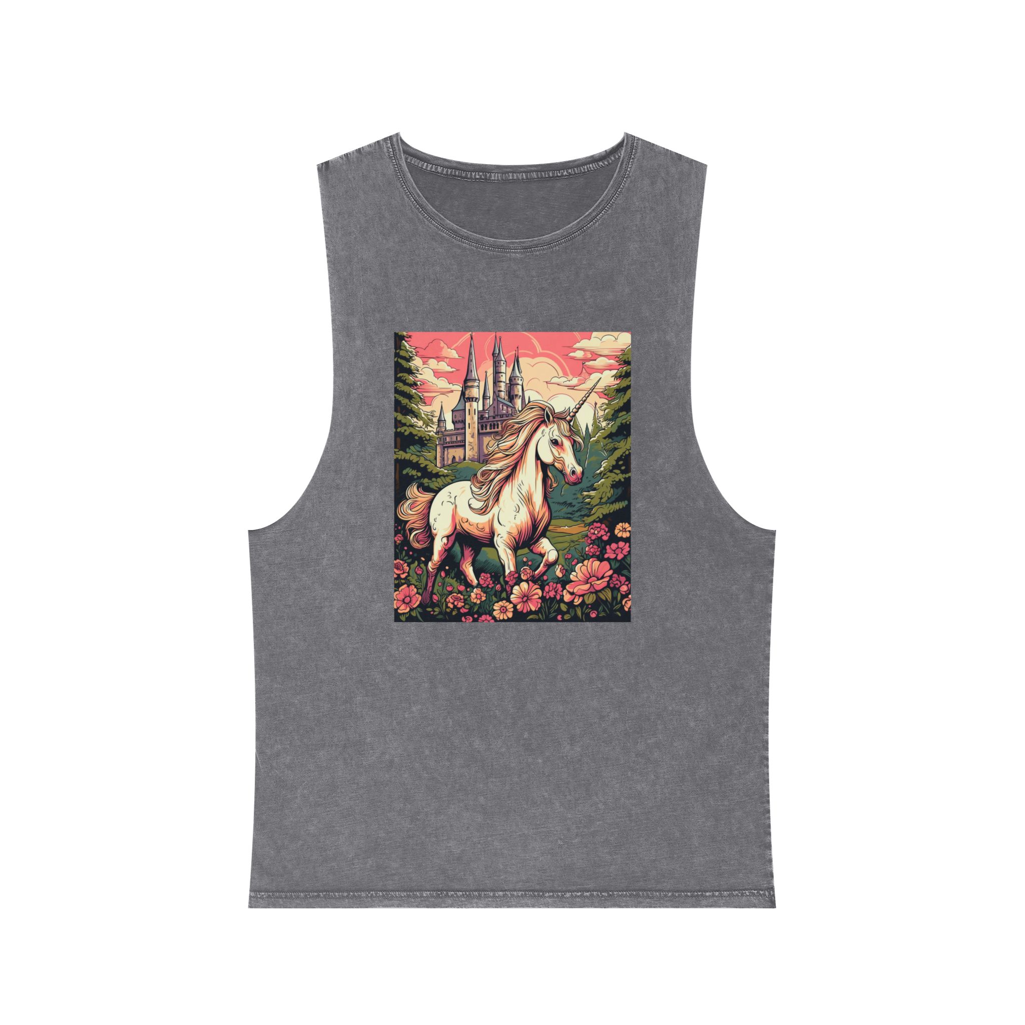 Unicorn Front Castle With Flowers Trees Generative Ai Unisex Stonewash Tank Top - Image 9