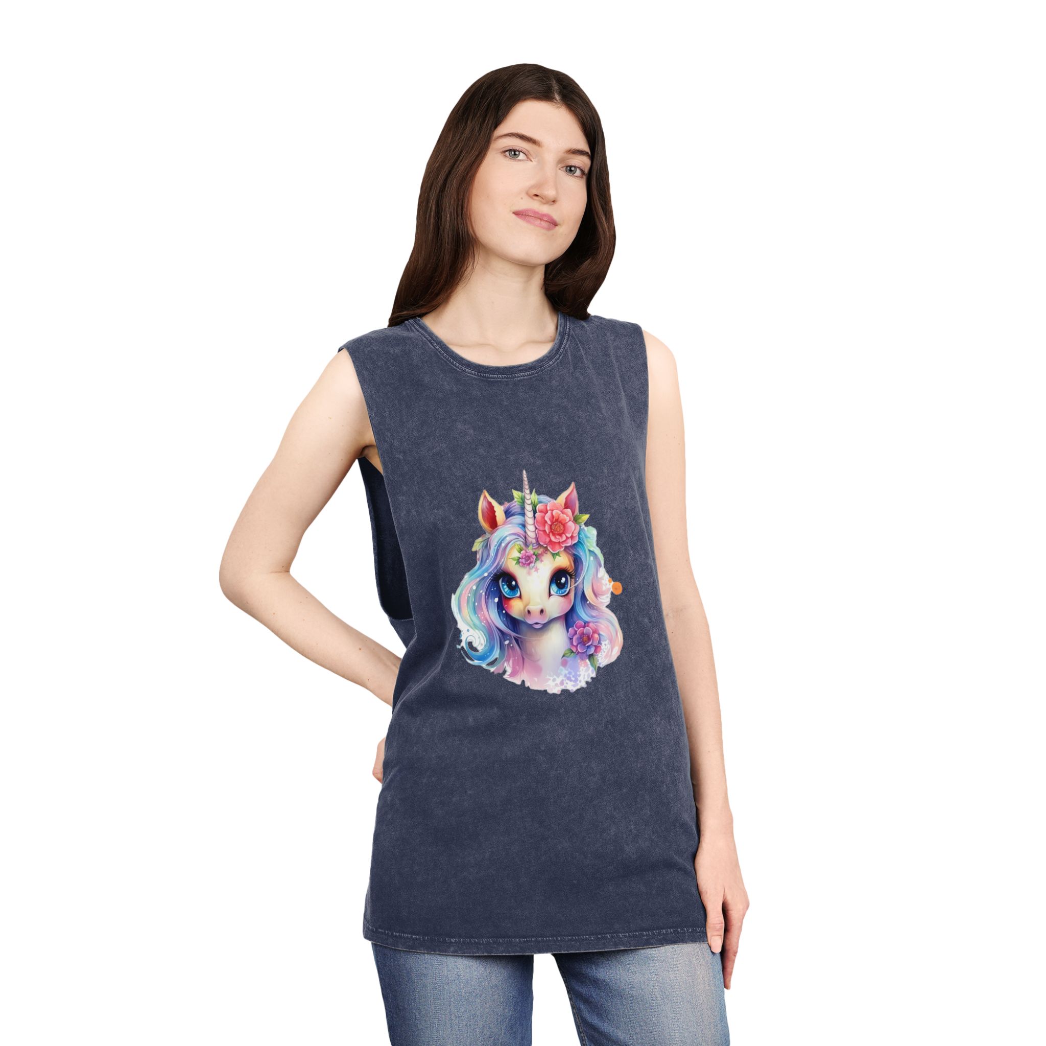 Cute Colorful Magic Unicorn With Flowers Watercolor Style (8) Unisex Stonewash Tank Top - Image 16