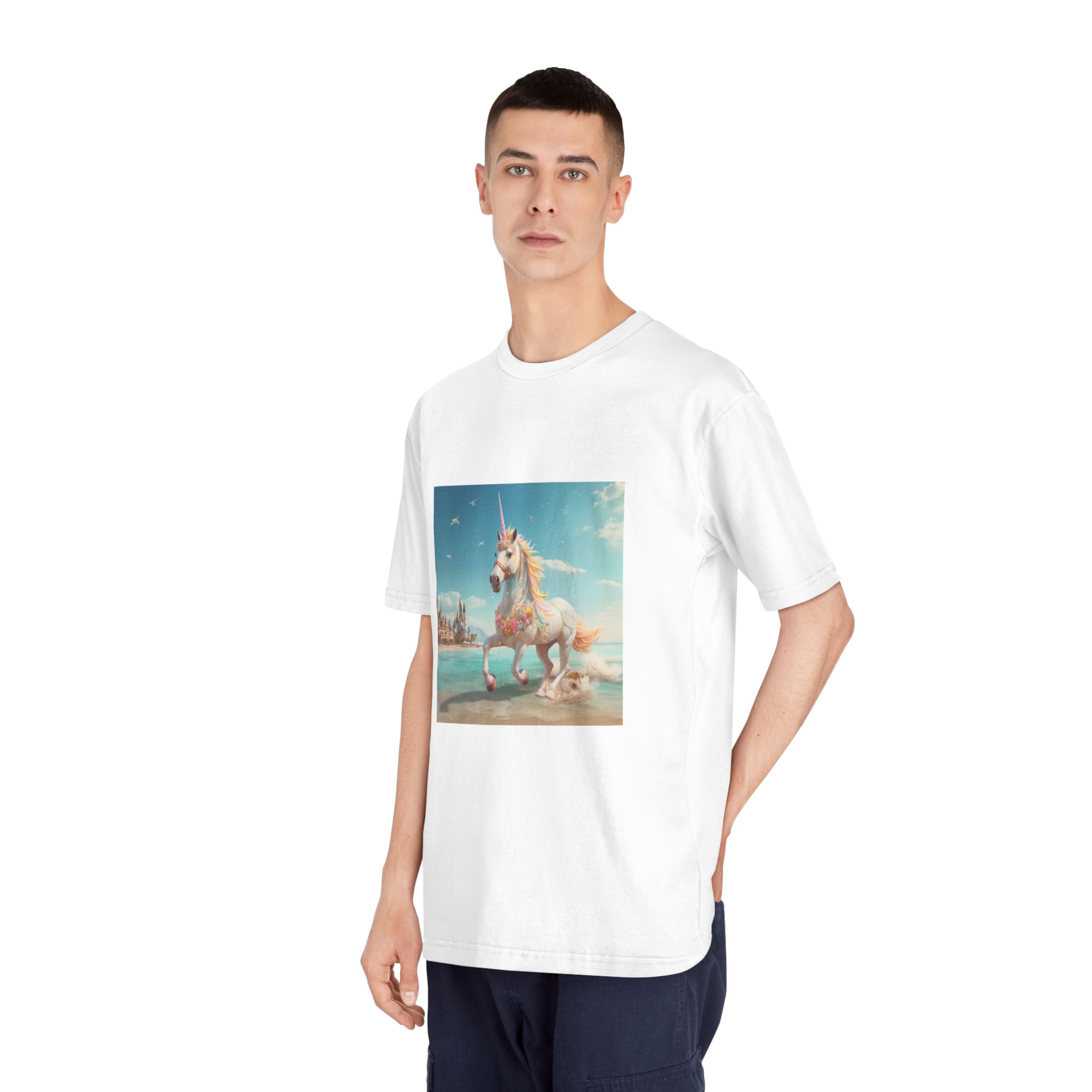 There Is Unicorn Running Beach With Castle Background Generative Ai Unisex Classic Crewneck T Shirt - Image 4