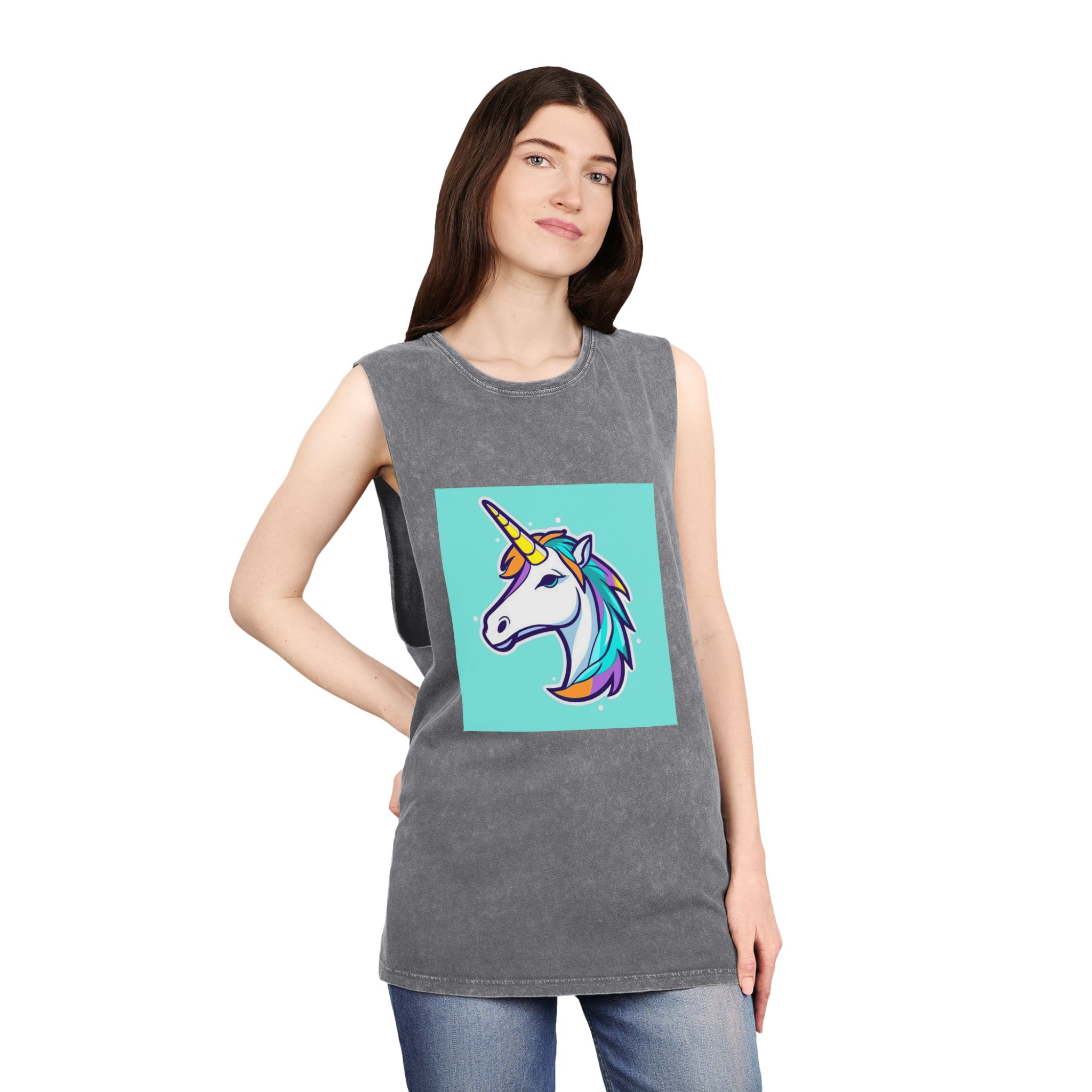 Cartoon Unicorn Head Vector With Maximum 16 Colors I 3 Unisex Stonewash Tank Top - Image 12
