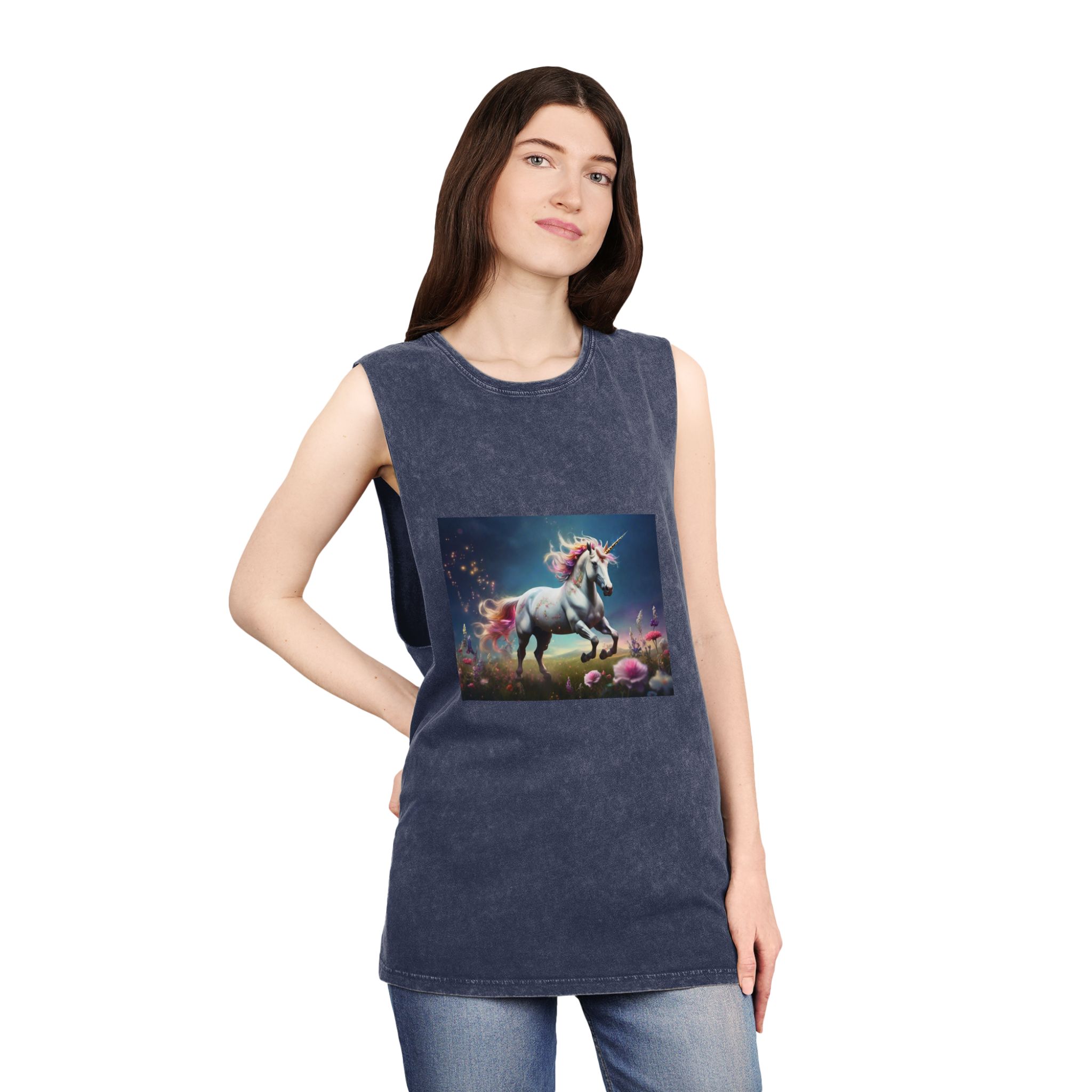 Beautiful Unicorn Running Magical Meadow Unicorn Background Images Whimsical Unicorn (18) Unisex Stonewash Tank Top - Image 16