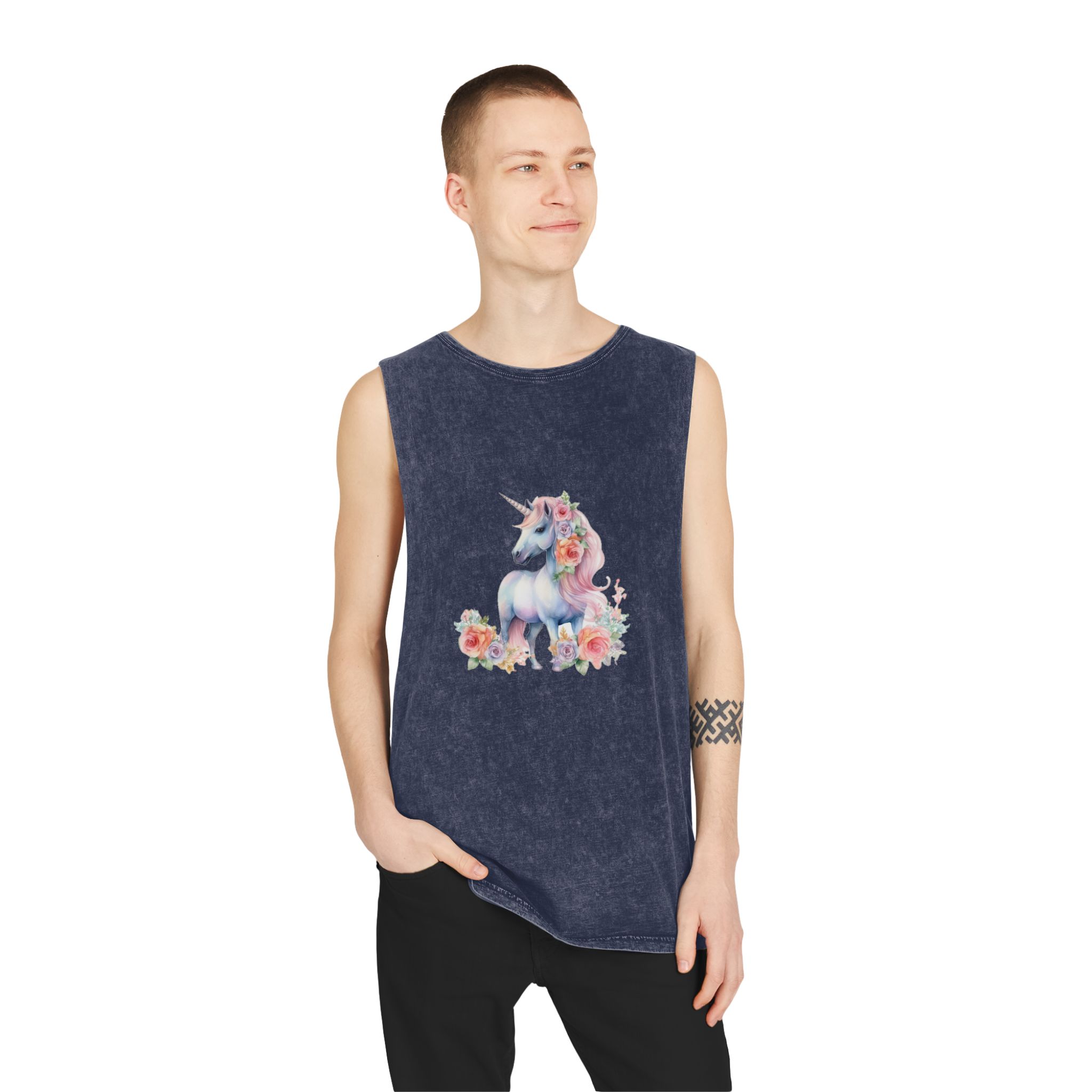 There Is Unicorn With Long Mane Flowers It Generative Ai Unisex Stonewash Tank Top - Image 15