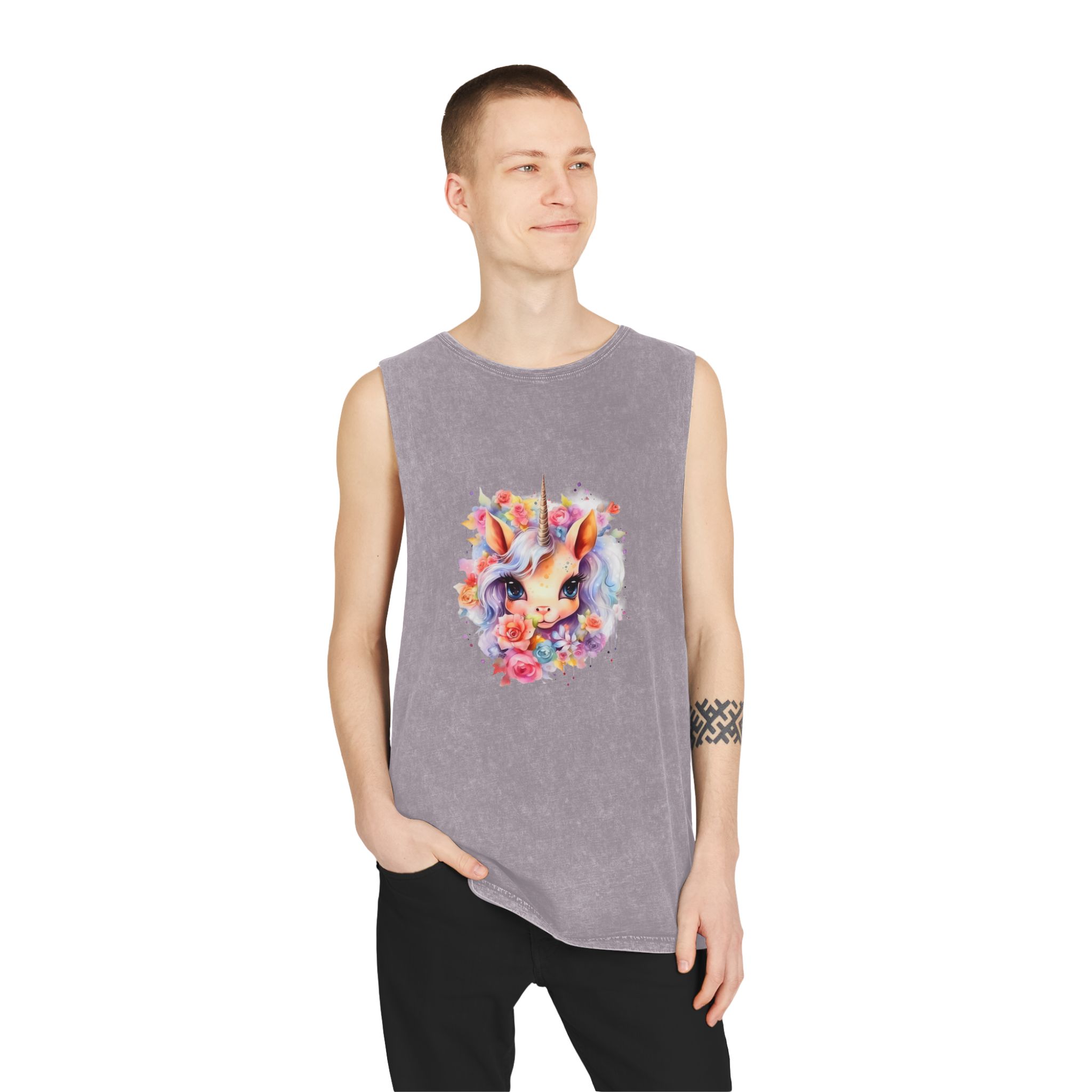 Cute Colorful Magic Unicorn With Flowers Watercolor Style (7) Unisex Stonewash Tank Top - Image 19