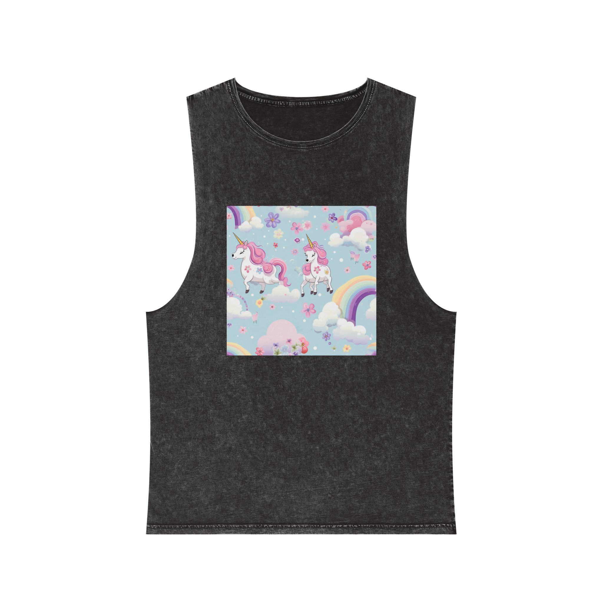 Playful Unicorns Among Flowers Clouds Rainbows Ice Creams Pastel Background Unisex Stonewash Tank Top