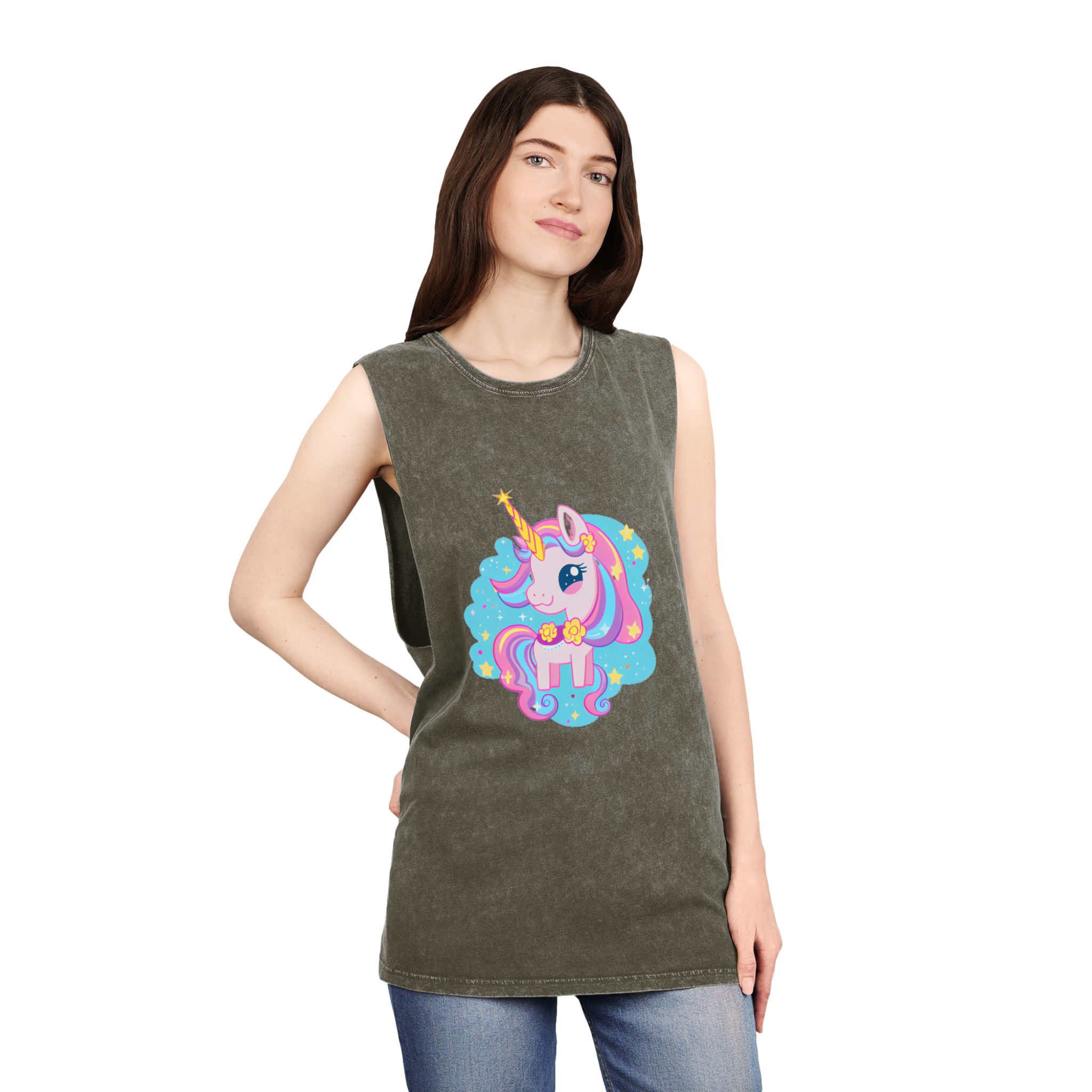 There Is Cartoon Unicorn With Bow Tie Stars Generative Ai Unisex Stonewash Tank Top - Image 8