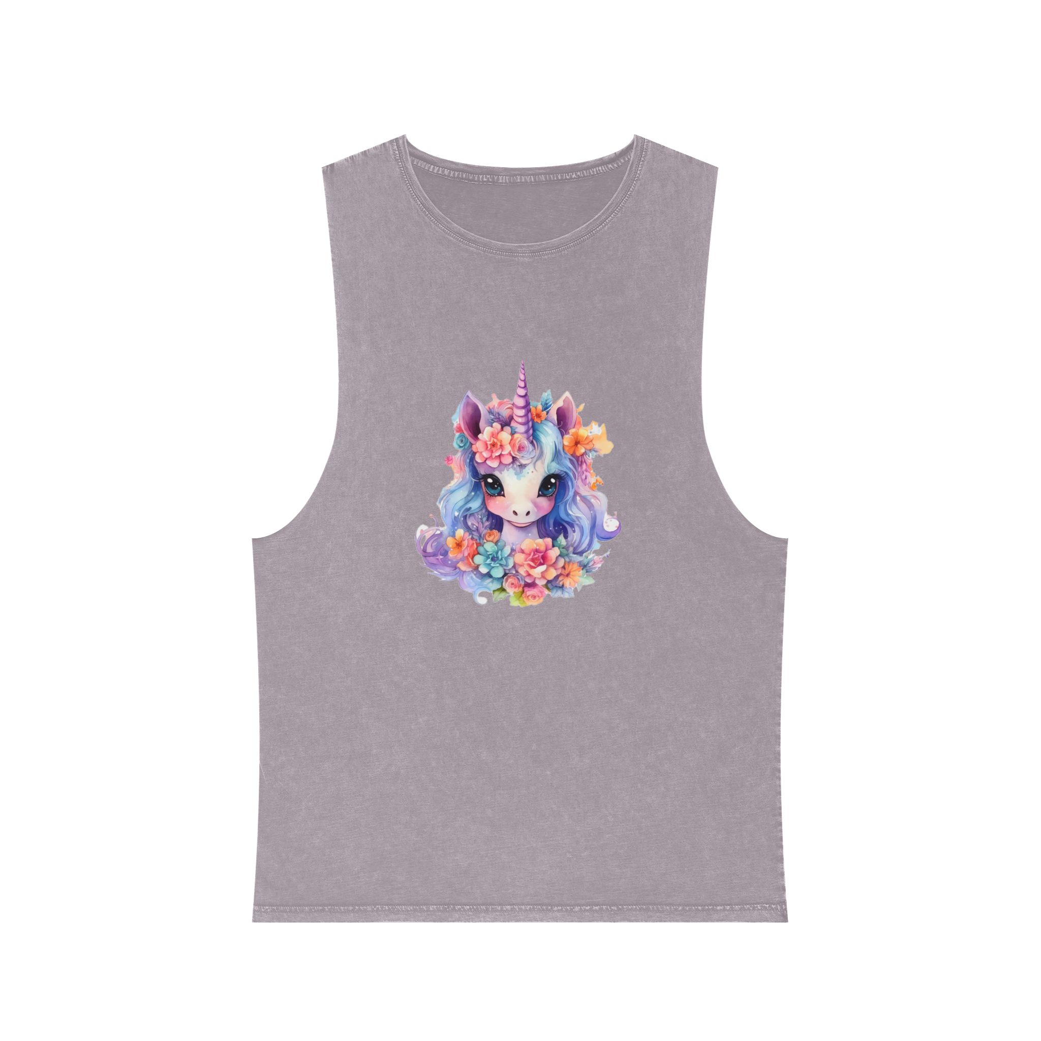 Cute Colorful Magic Unicorn With Flowers Watercolor Style (9) Unisex Stonewash Tank Top - Image 17