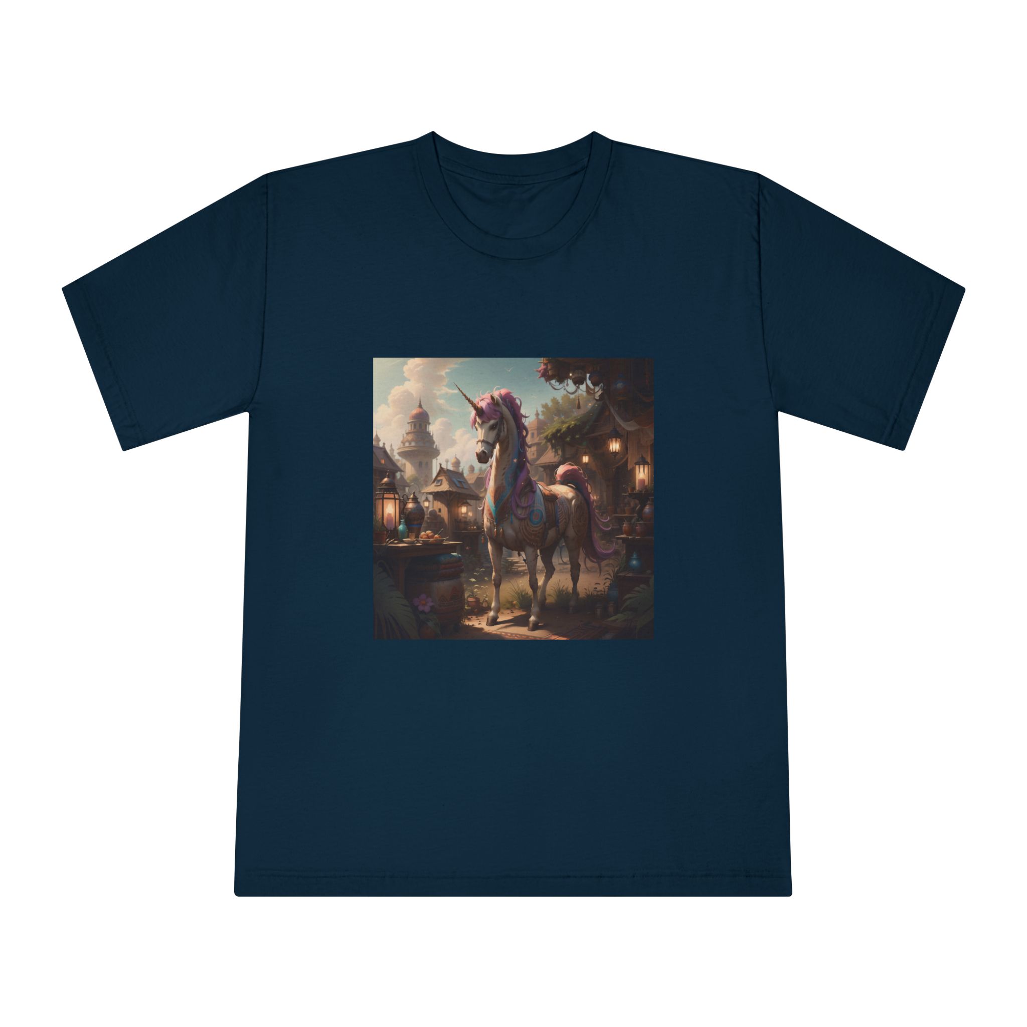 Unicorn With Purple Mane Stands Front Small Town With Lamp Post Unisex Classic Crewneck T Shirt - Image 17