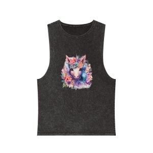 Cute Colorful Magic Unicorn With Flowers Watercolor Style (5) Unisex Stonewash Tank Top