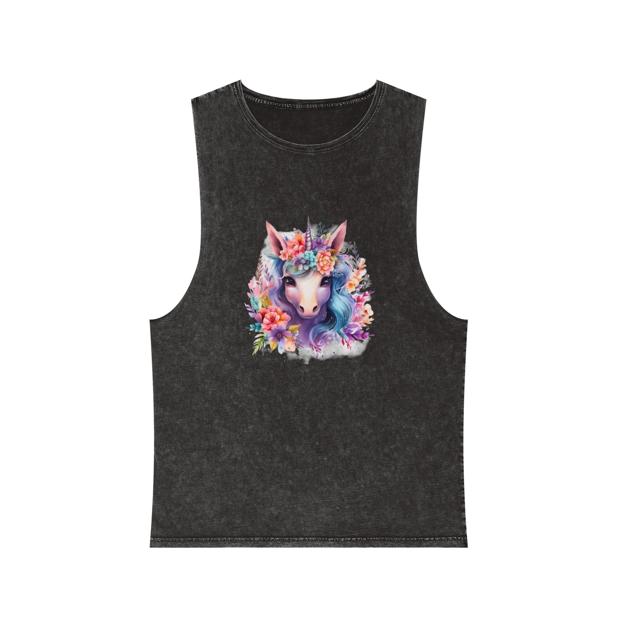Cute Colorful Magic Unicorn With Flowers Watercolor Style (5) Unisex Stonewash Tank Top