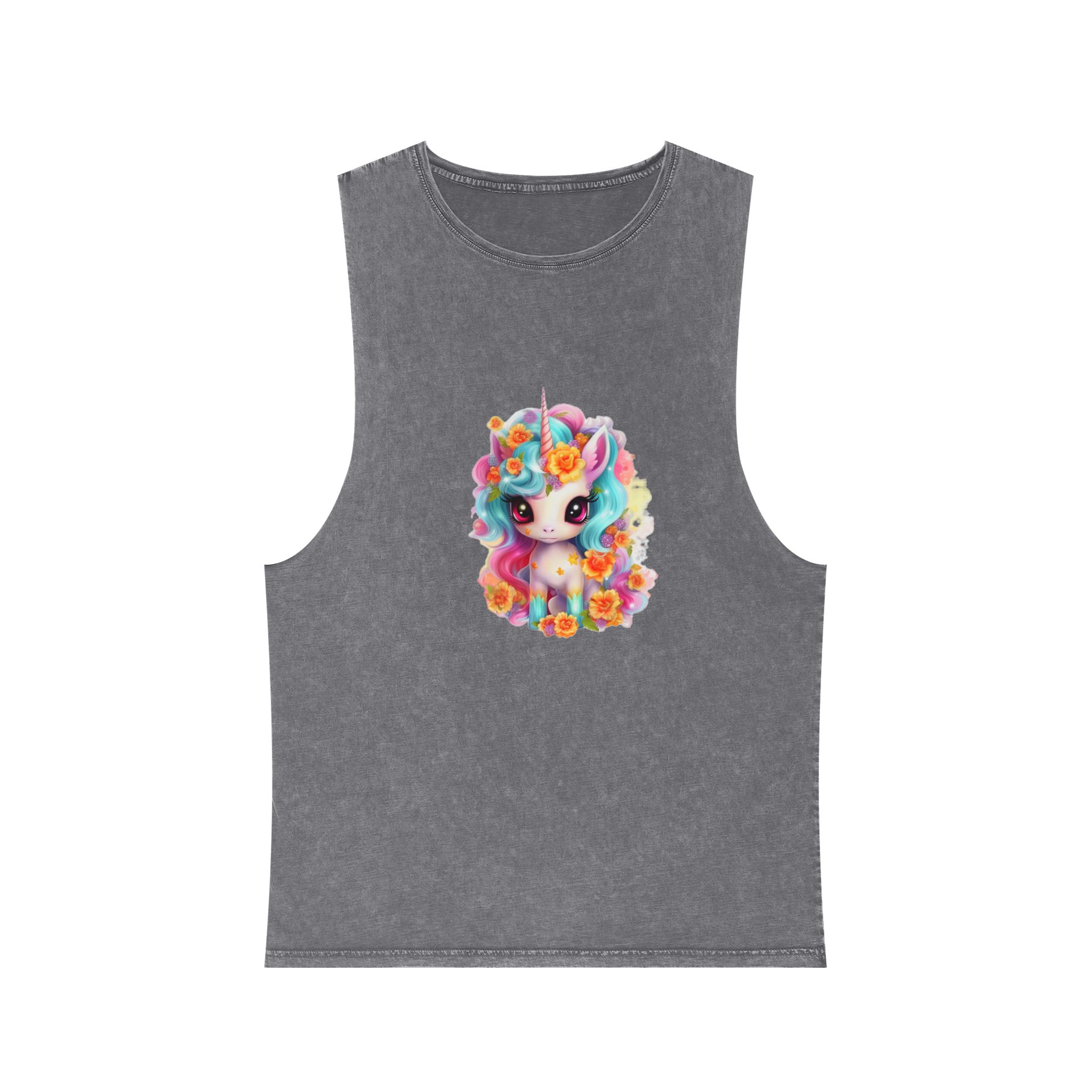 Illustration Unicorn Cartoon With Flower White Background Generative Ai (2) Unisex Stonewash Tank Top - Image 9