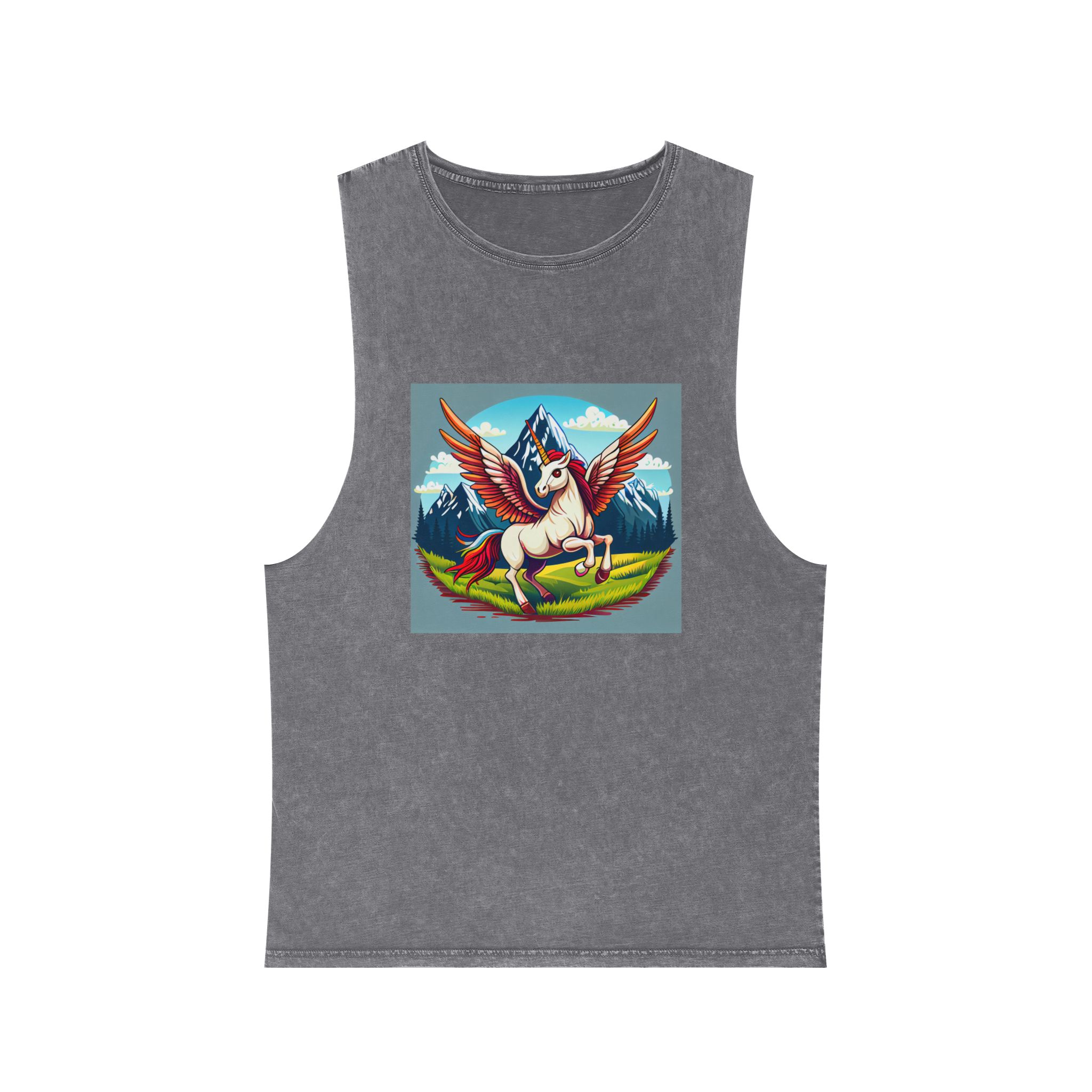 Cartoon Unicorn With Rainbow Wings Top Mountain Background Generative Ai Unisex Stonewash Tank Top - Image 9