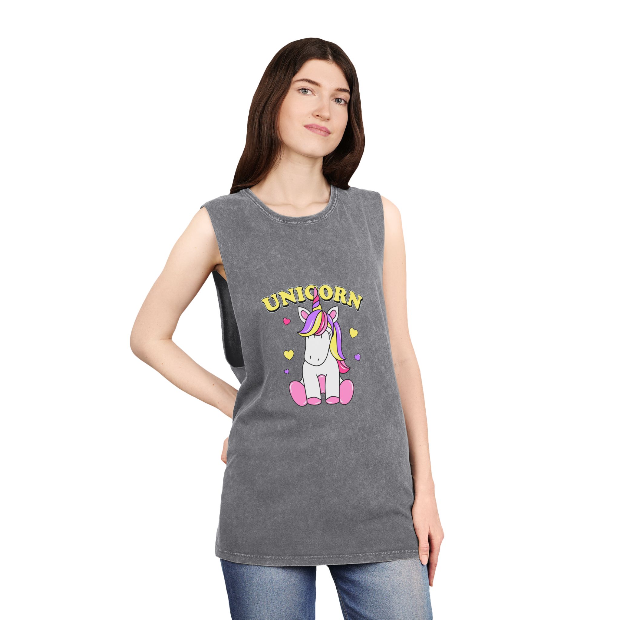 Cute Unicorn With Colorful Hair Hearts Unisex Stonewash Tank Top - Image 12