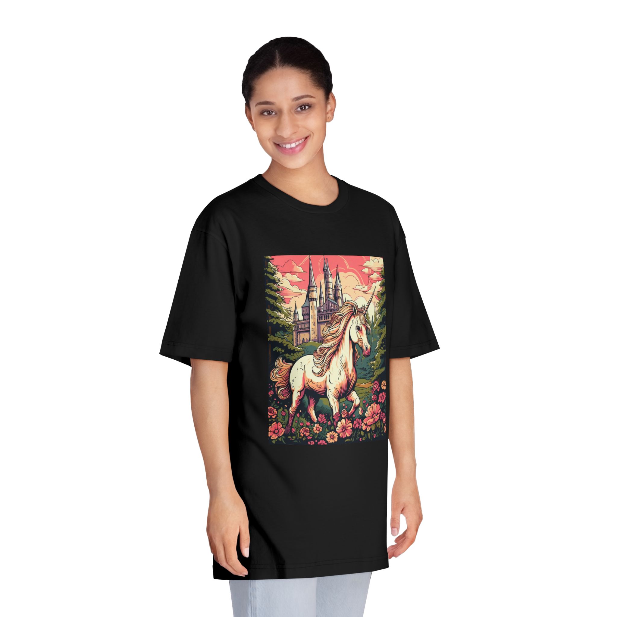 Unicorn Front Castle With Flowers Trees Generative Ai Unisex Classic Crewneck T Shirt - Image 7