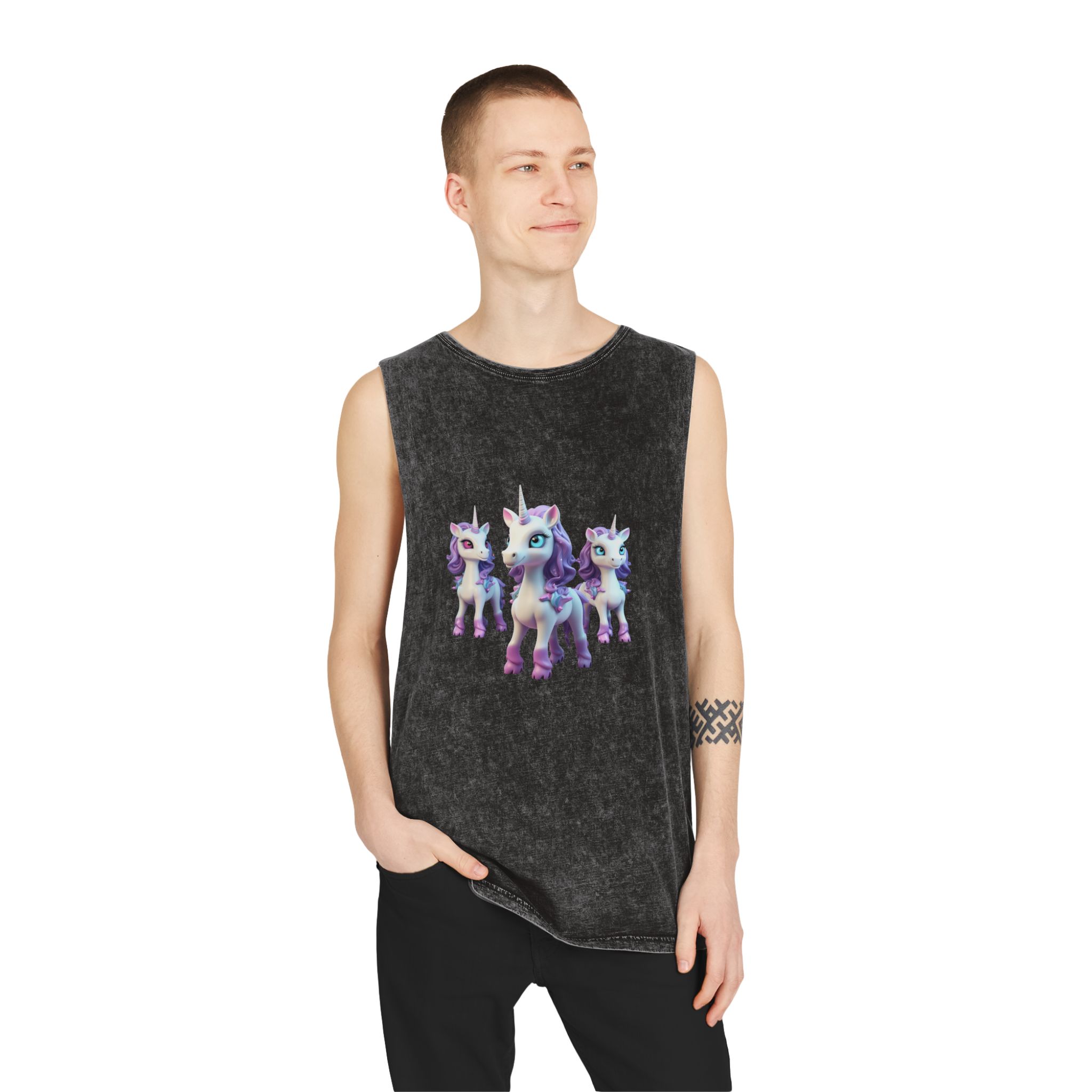 Mythical Unicorn Kids Figurine Style (2) Unisex Stonewash Tank Top - Image 3