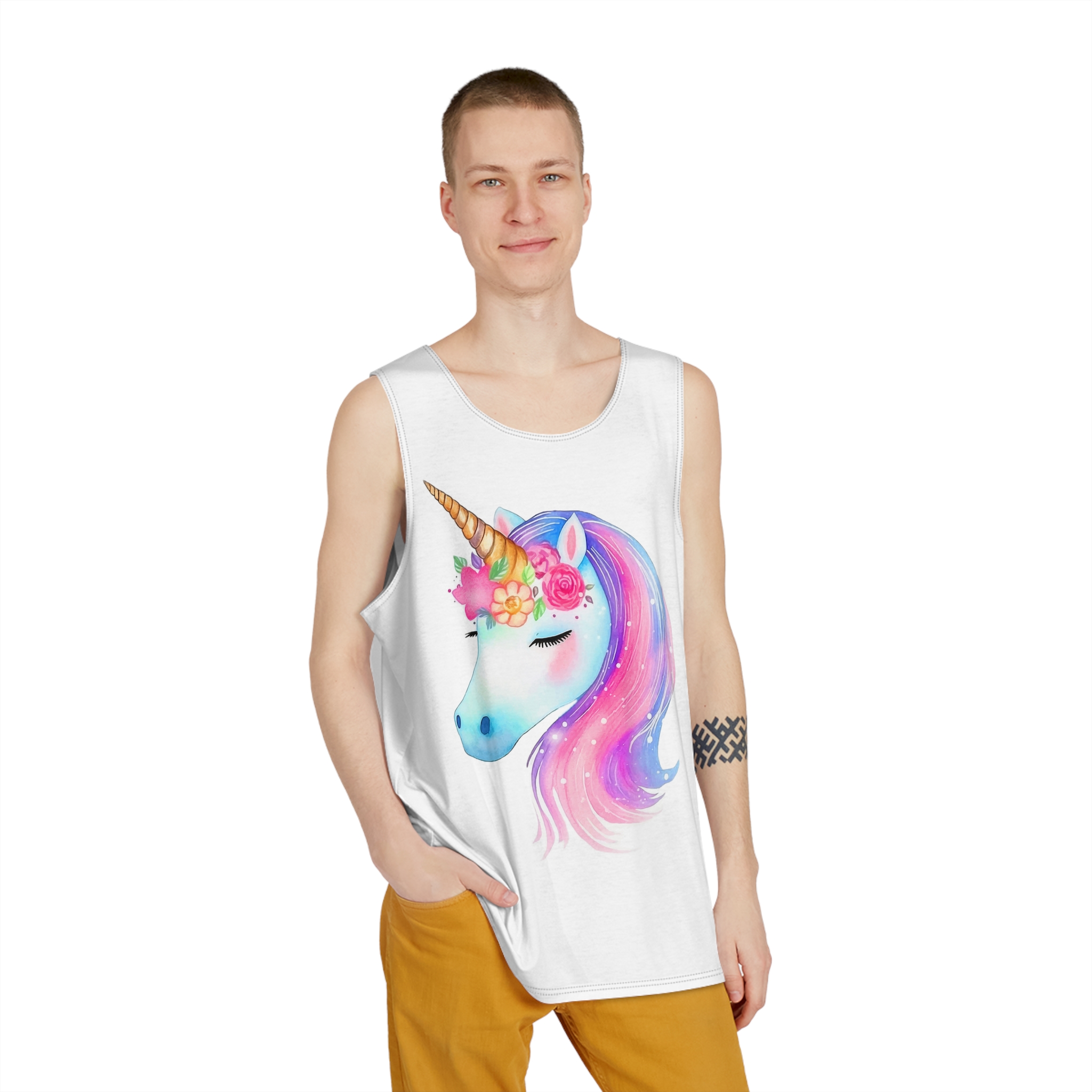 Cute Unicorn Watercolor Hand Painted 01 Mens Tank Aop - Image 3