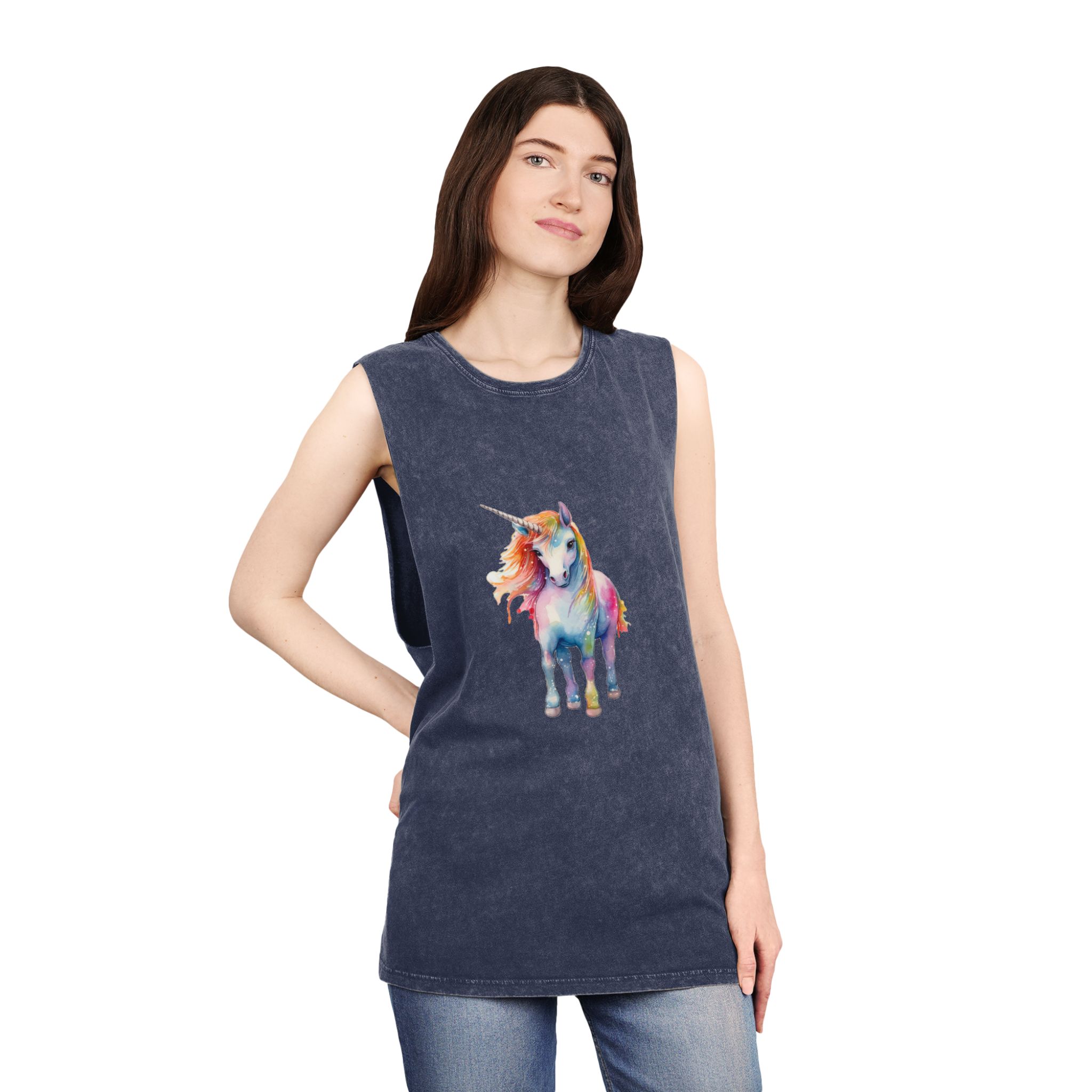 Painting Unicorn With Colorful Mane Long Mane Generative Ai (5) Unisex Stonewash Tank Top - Image 16