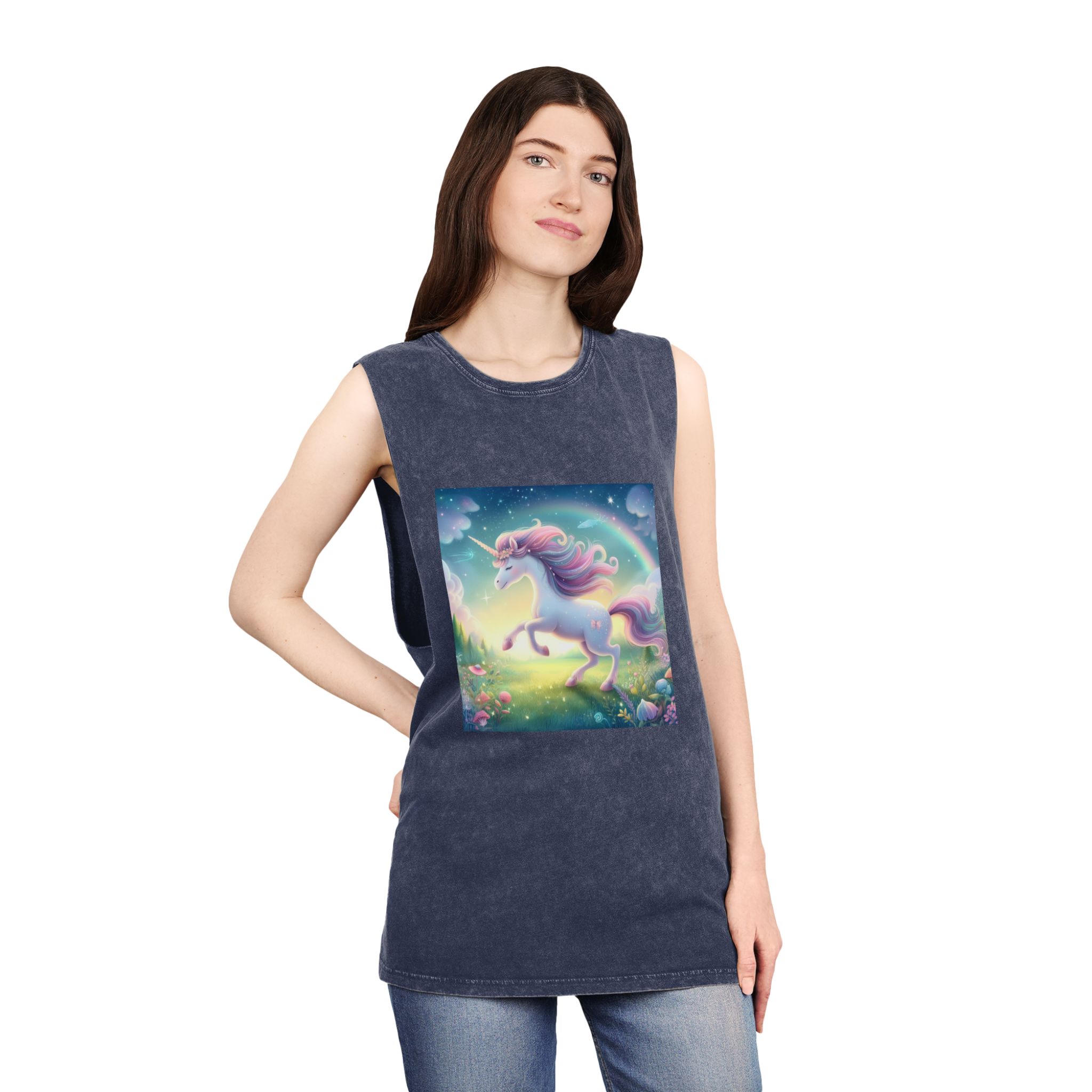 Beautiful Unicorn Running Magical Meadow Unicorn Background Images Whimsical Unicorn (21) Unisex Stonewash Tank Top - Image 16