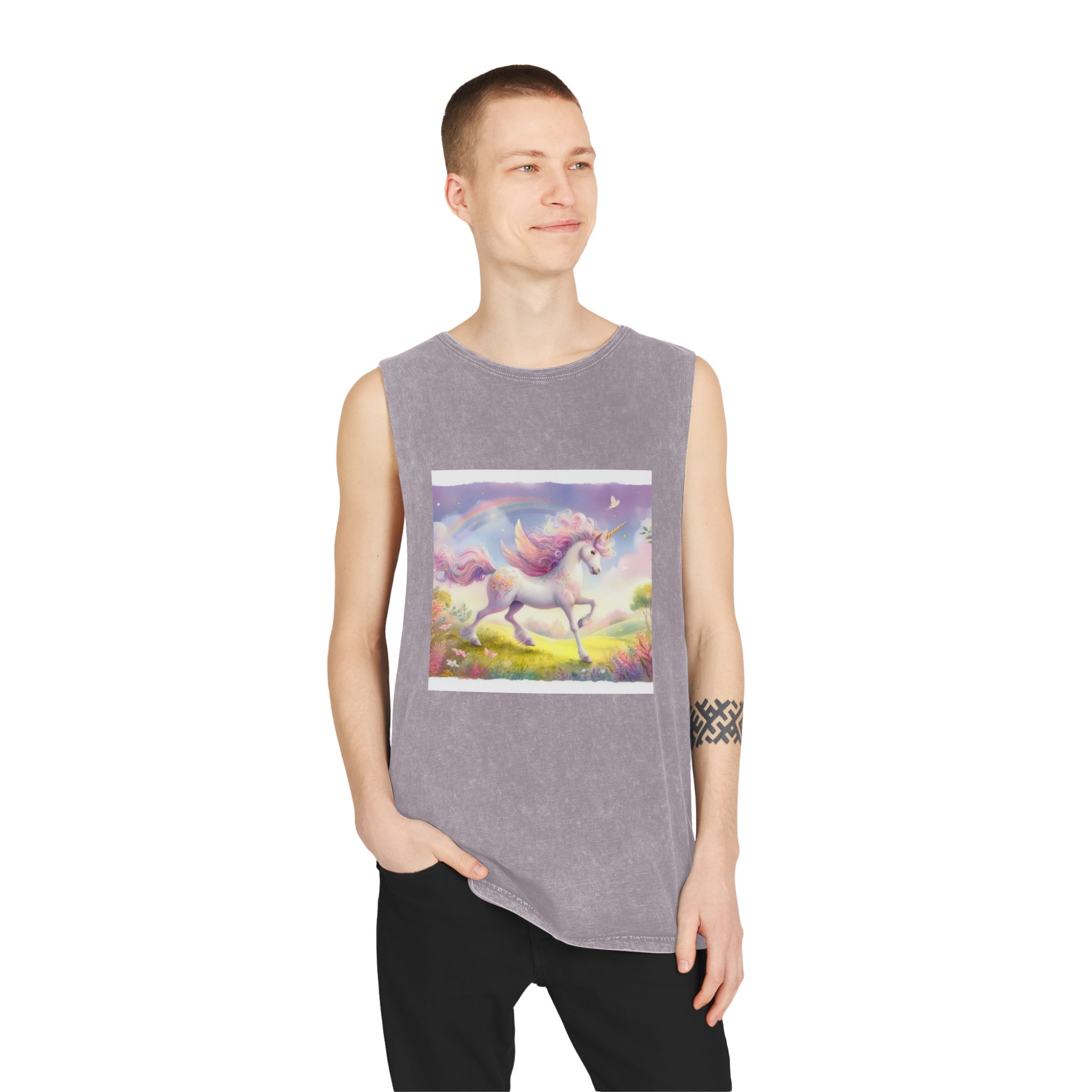 Beautiful Unicorn Running Magical Meadow Unicorn Background Images Whimsical Unicorn (10) Unisex Stonewash Tank Top - Image 19