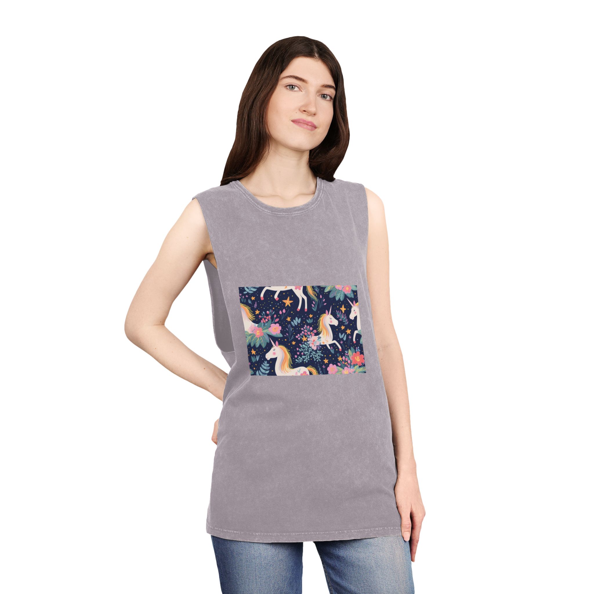 Close Up Pattern Unicorns Flowers Generative Ai Unisex Stonewash Tank Top - Image 20