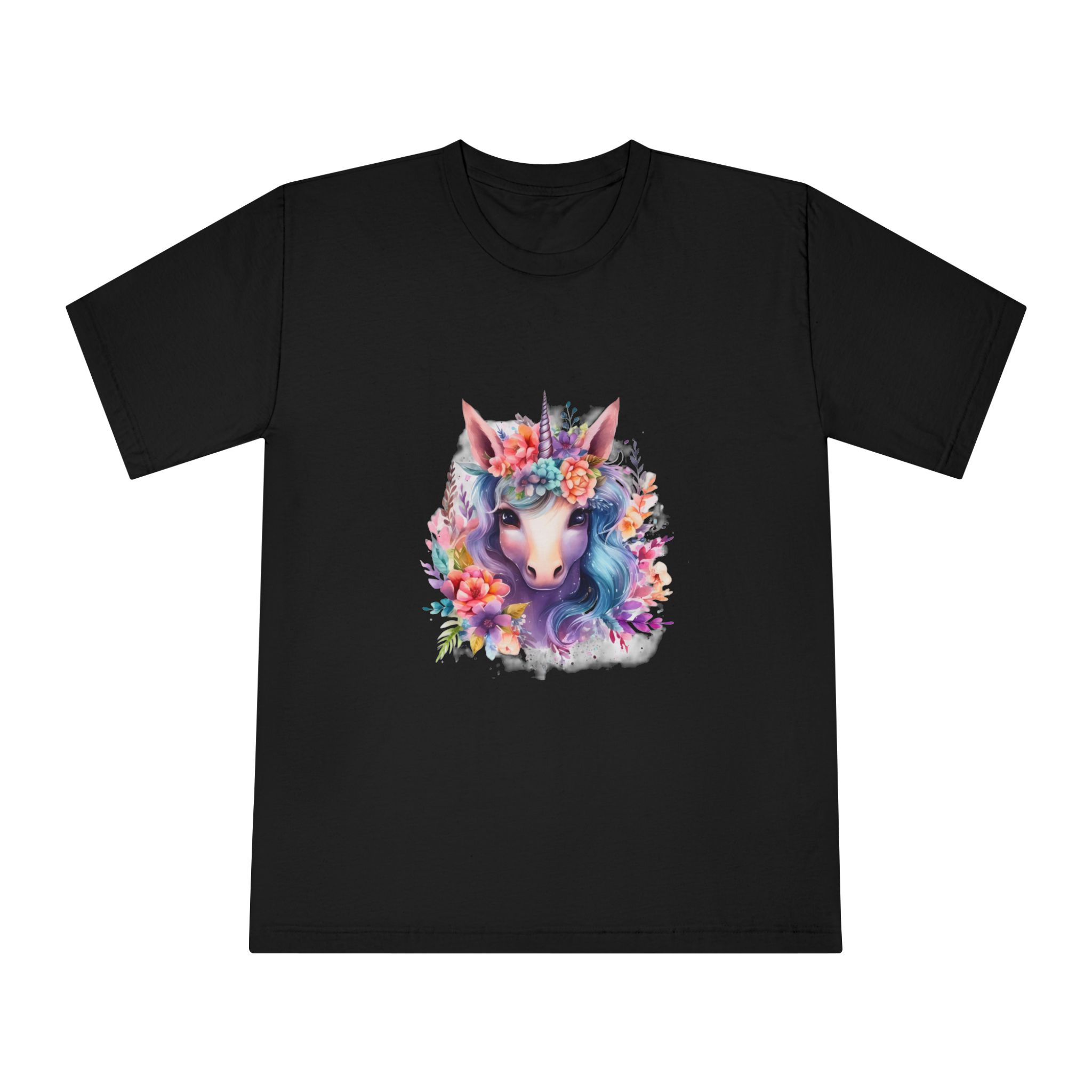 Cute Colorful Magic Unicorn With Flowers Watercolor Style (5) Unisex Classic Crewneck T Shirt - Image 5