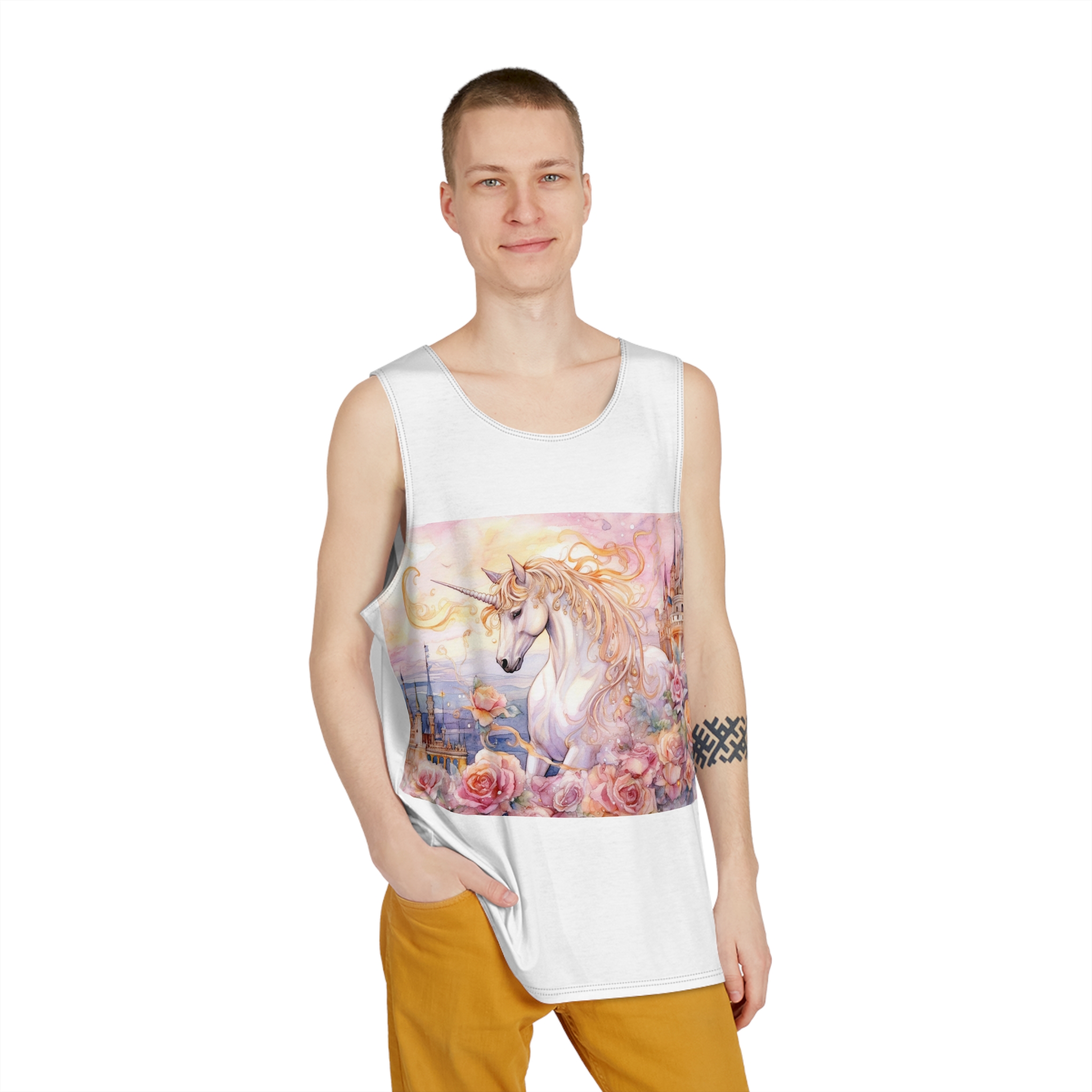 Painting Unicorn Castle With Roses Castle Background Generative Ai Mens Tank Aop - Image 3