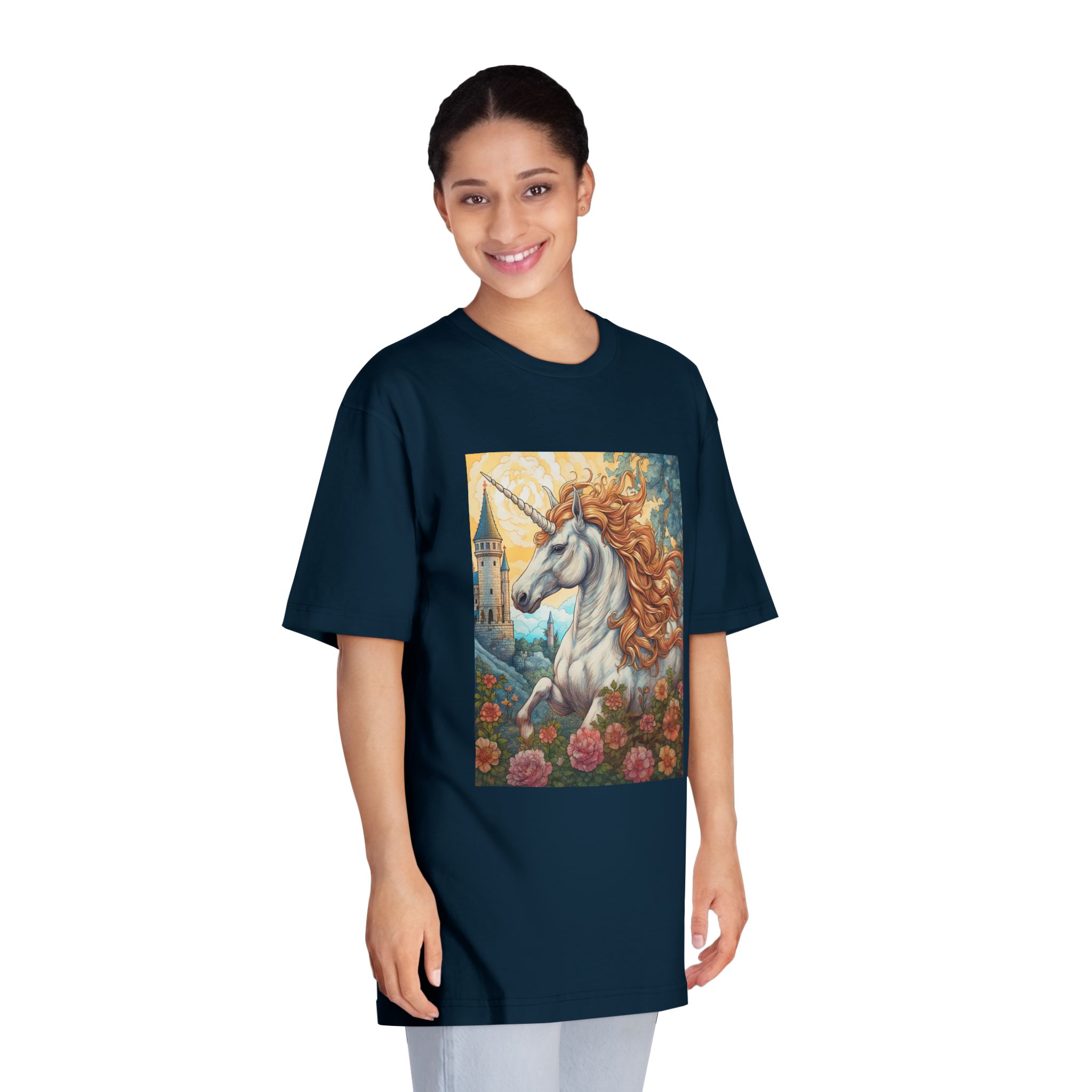 Painting Unicorn With Long Mane Castle Background Generative Ai Unisex Classic Crewneck T Shirt - Image 19