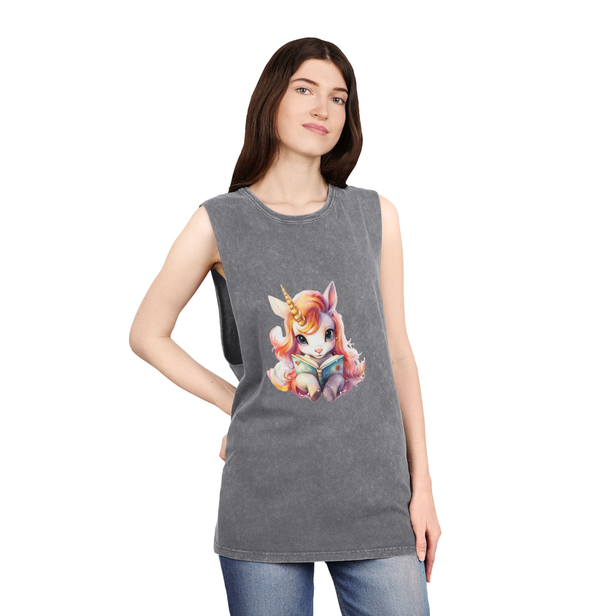 Unicorn Reading Book With Unicorn Horn Her Head Generative Ai Unisex Stonewash Tank Top - Image 12