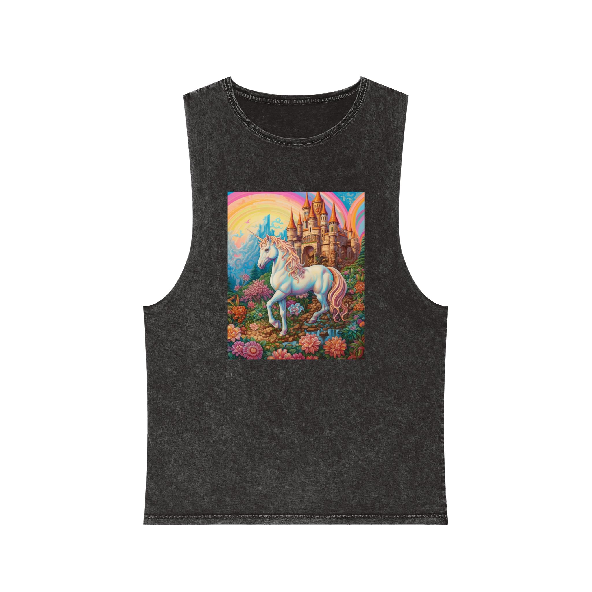 Painting Unicorn Fantasy Setting With Castle Background Generative Ai Copy Unisex Stonewash Tank Top