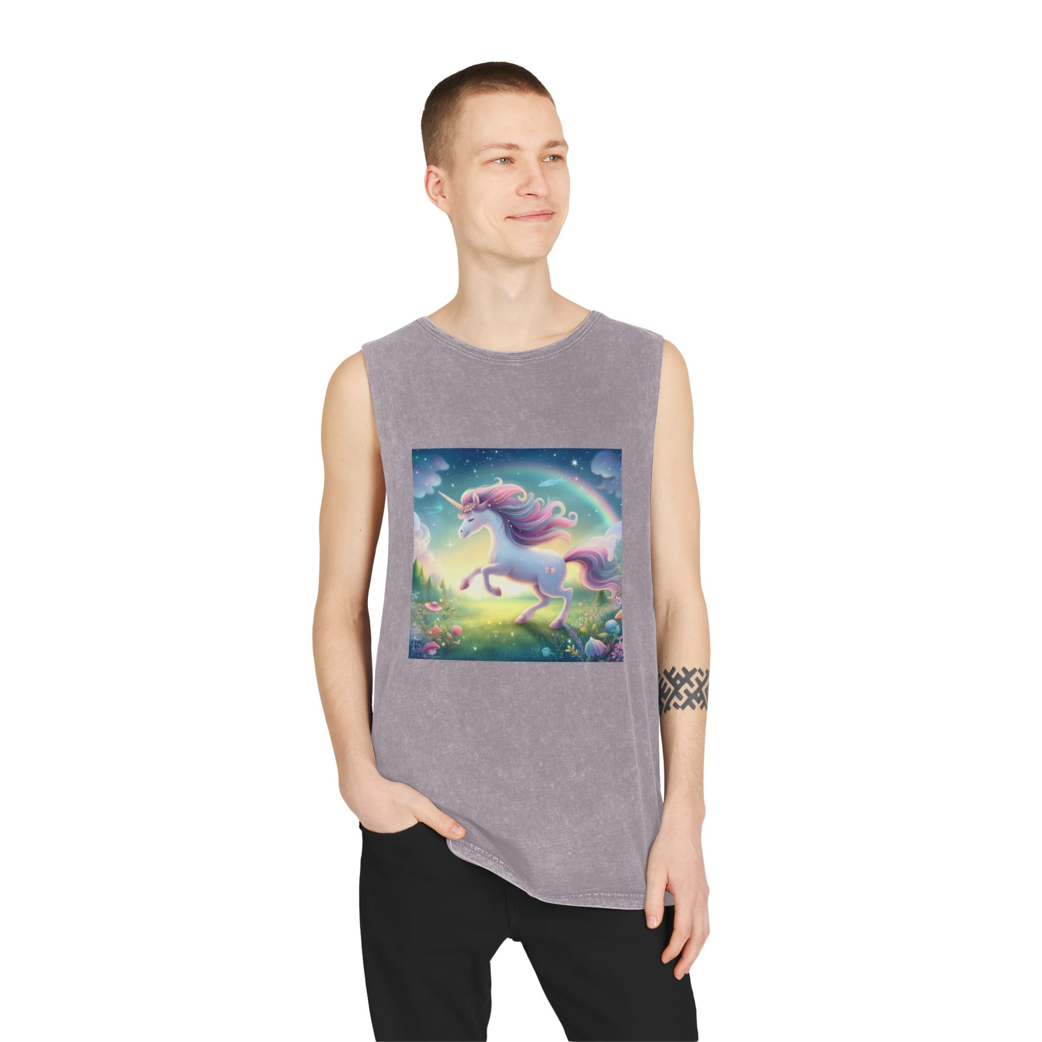 Beautiful Unicorn Running Magical Meadow Unicorn Background Images Whimsical Unicorn (21) Unisex Stonewash Tank Top - Image 19