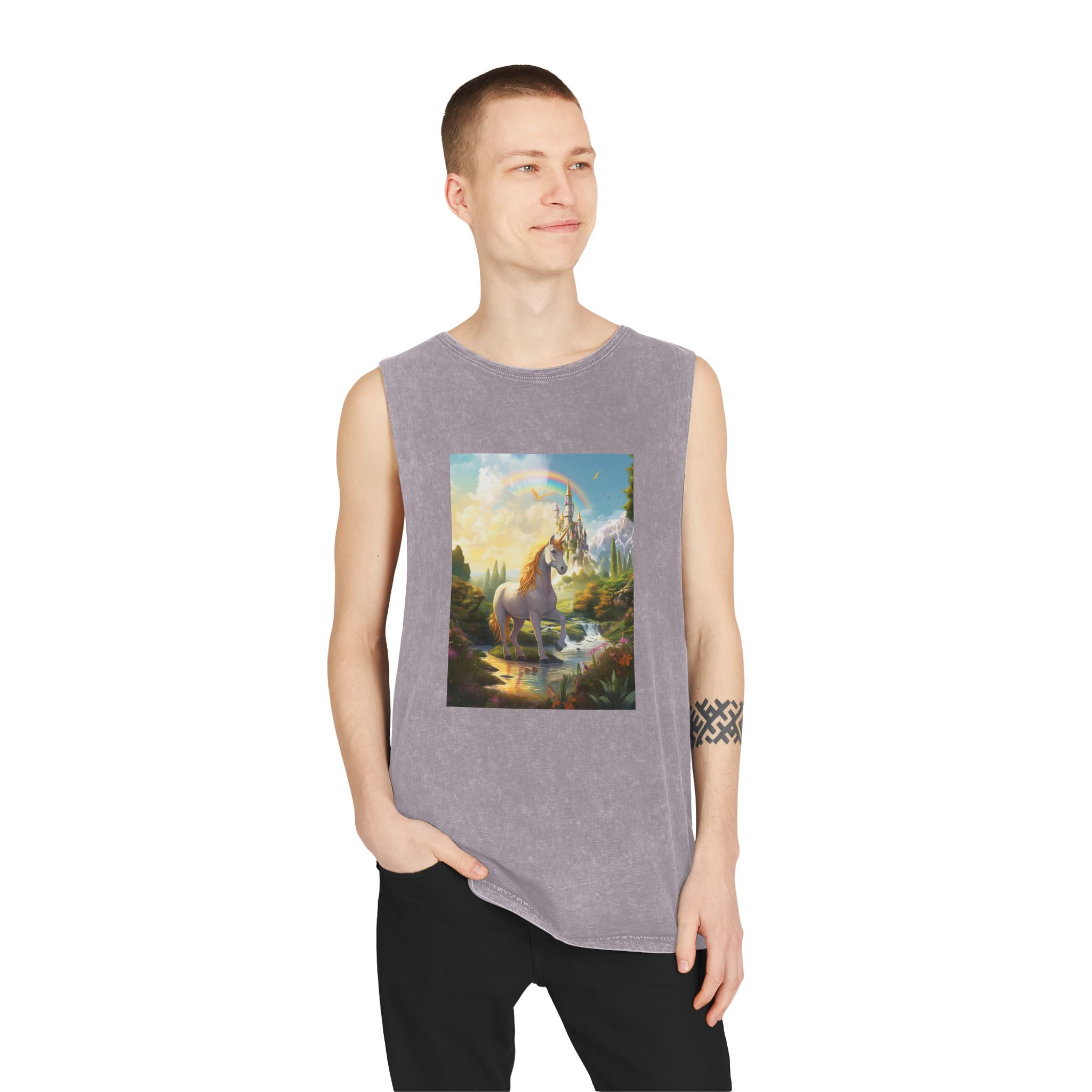 Painting Unicorn Fantasy Setting With Castle Background Generative Ai Unisex Stonewash Tank Top - Image 19