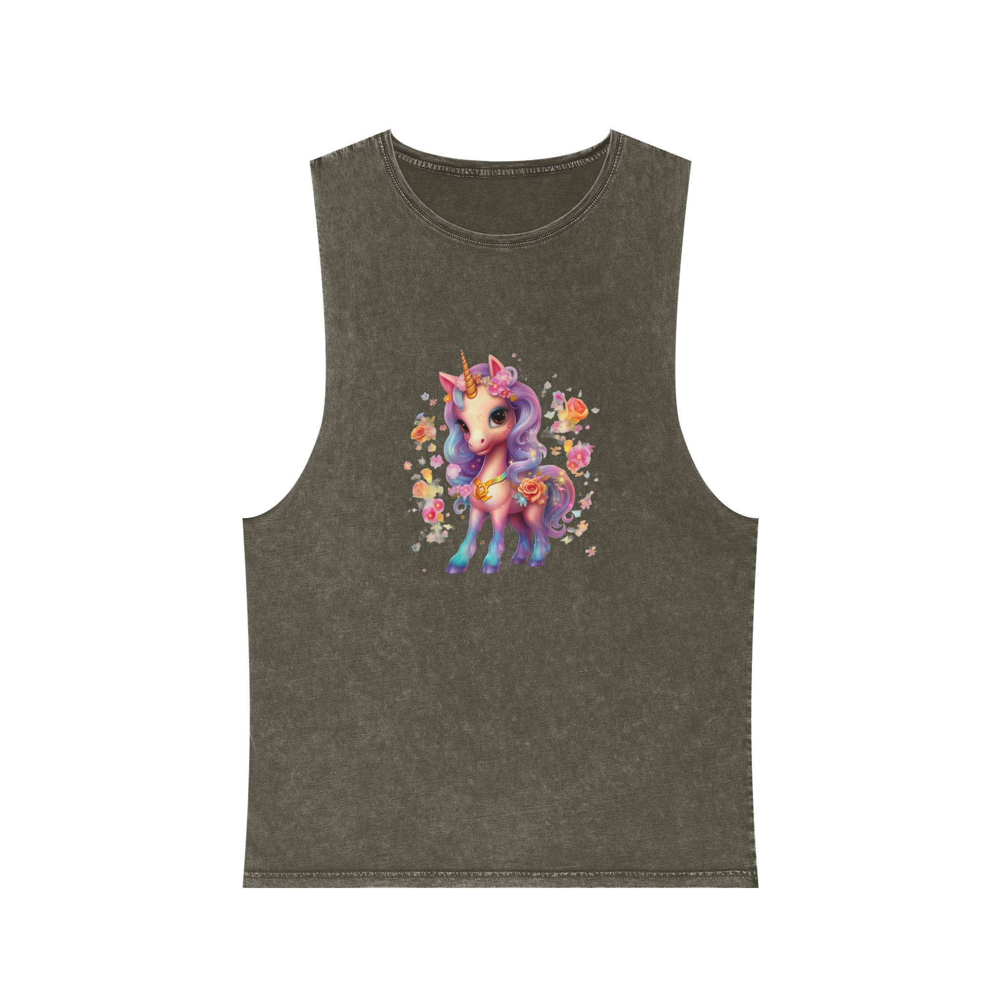 Illustration Unicorn Cartoon With Flower White Background Generative Ai (1) Unisex Stonewash Tank Top - Image 5