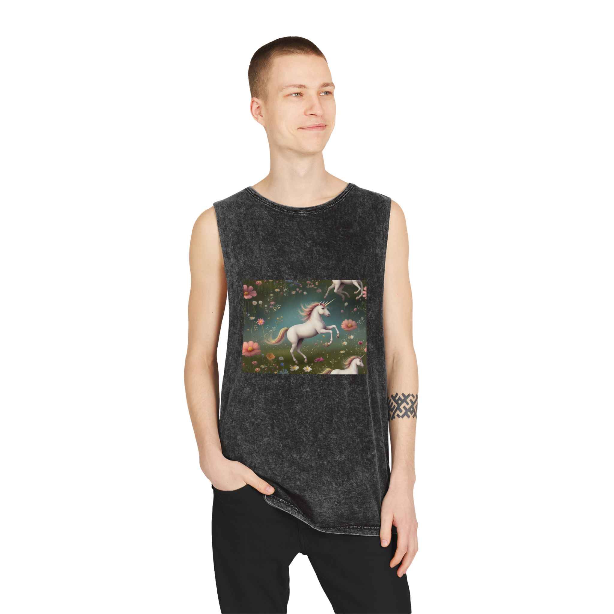 Beautiful Unicorn Running Magical Meadow Unicorn Background Images Whimsical Unicorn (13) Unisex Stonewash Tank Top - Image 3