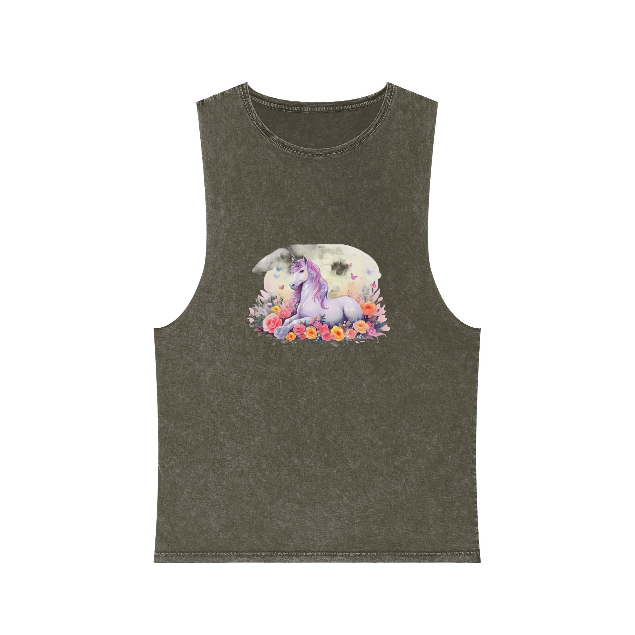 Illustration Little Unicorn Sits With Flowers Unisex Stonewash Tank Top - Image 5