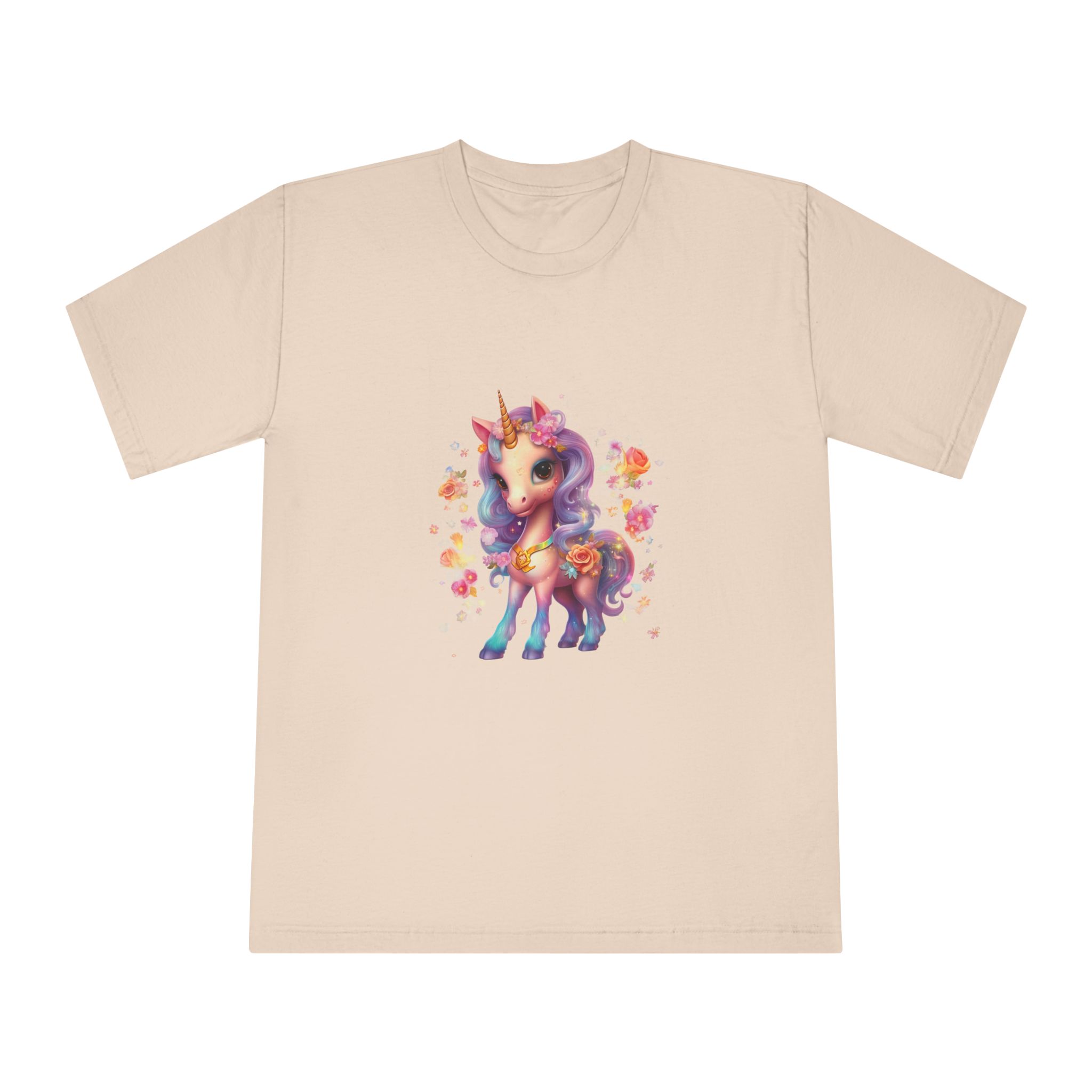 Illustration Unicorn Cartoon With Flower White Background Generative Ai (1) Unisex Classic Crewneck T Shirt - Image 9