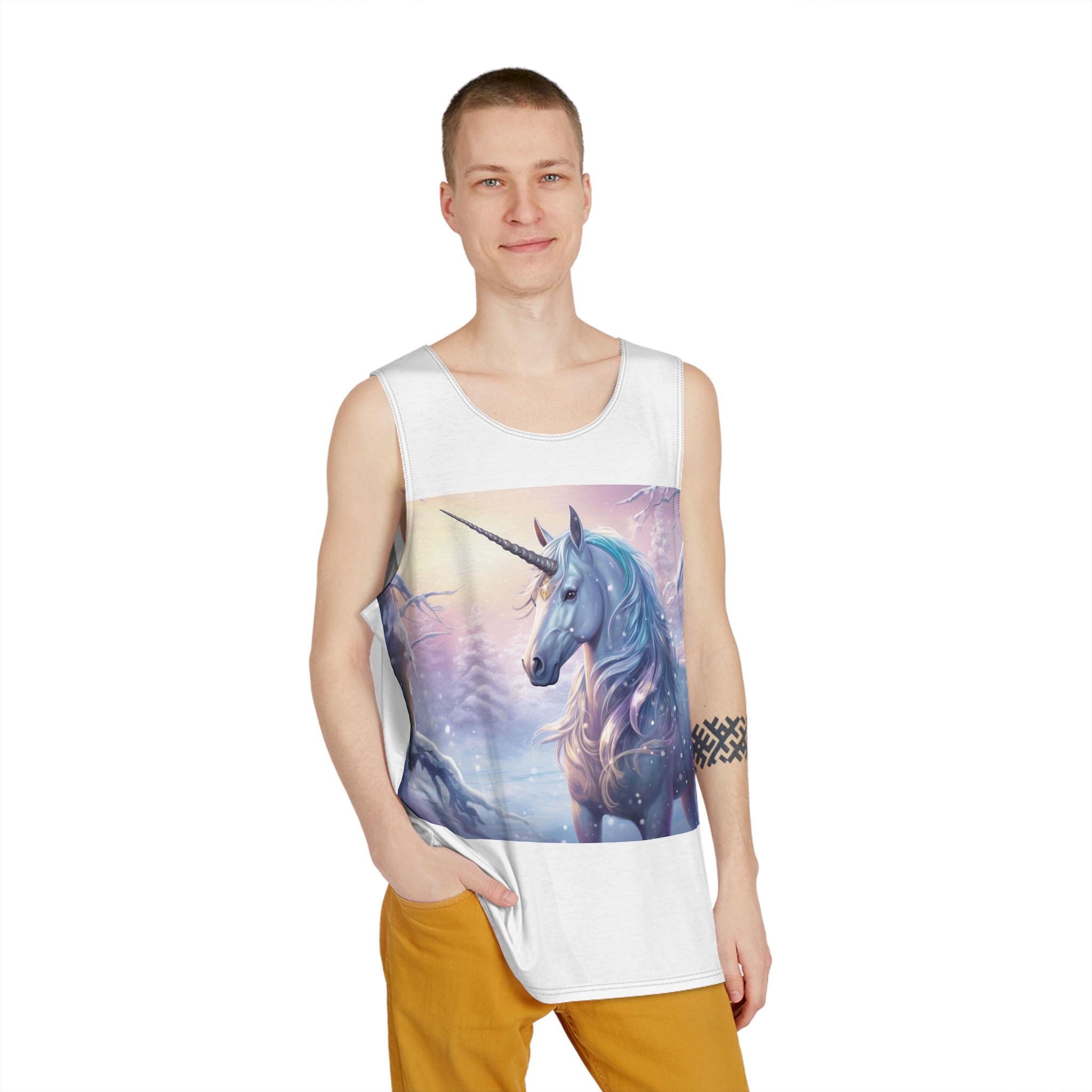 Unicorn Snow With Pink Sky Background Generative Ai Mens Tank Aop - Image 3