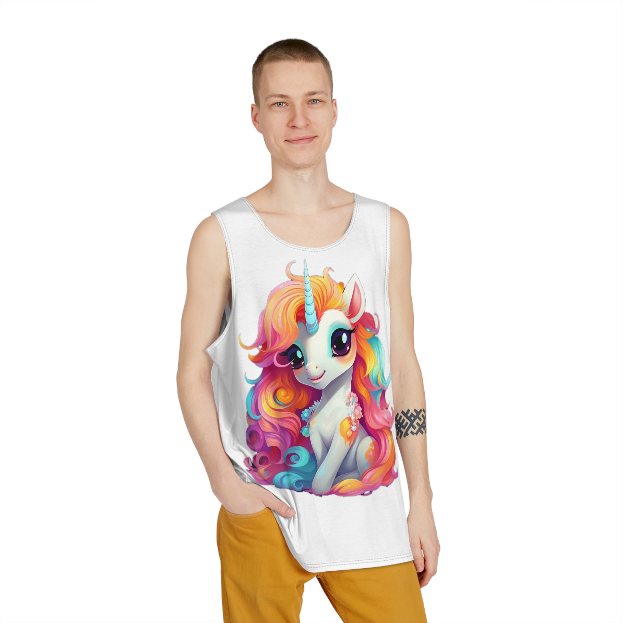 There Is Cartoon Unicorn With Long Hair Pink Dress Generative Ai Mens Tank Aop - Image 3