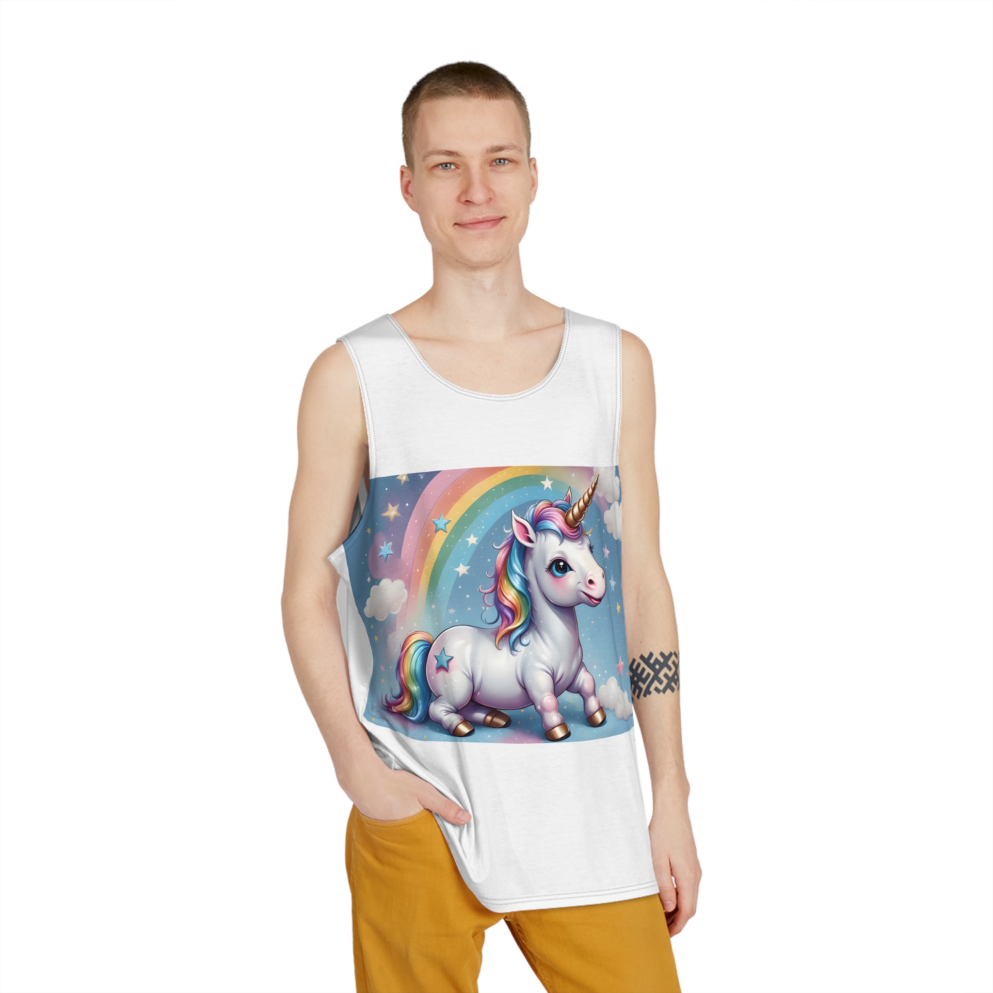 Happy Unicorn Background Sky Rainbow Mens Tank Aop - Image 3