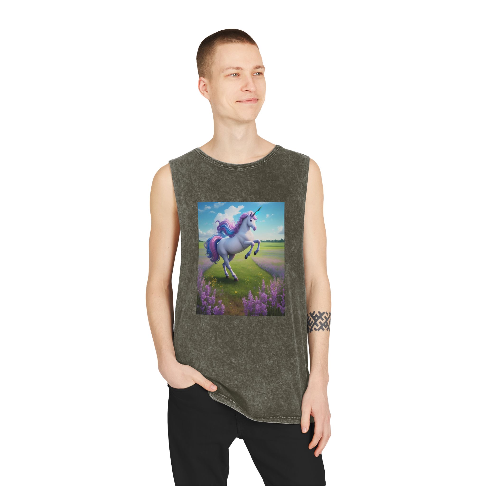 Beautiful Unicorn Running Magical Meadow Unicorn Background Images Whimsical Unicorn (24) Unisex Stonewash Tank Top - Image 7