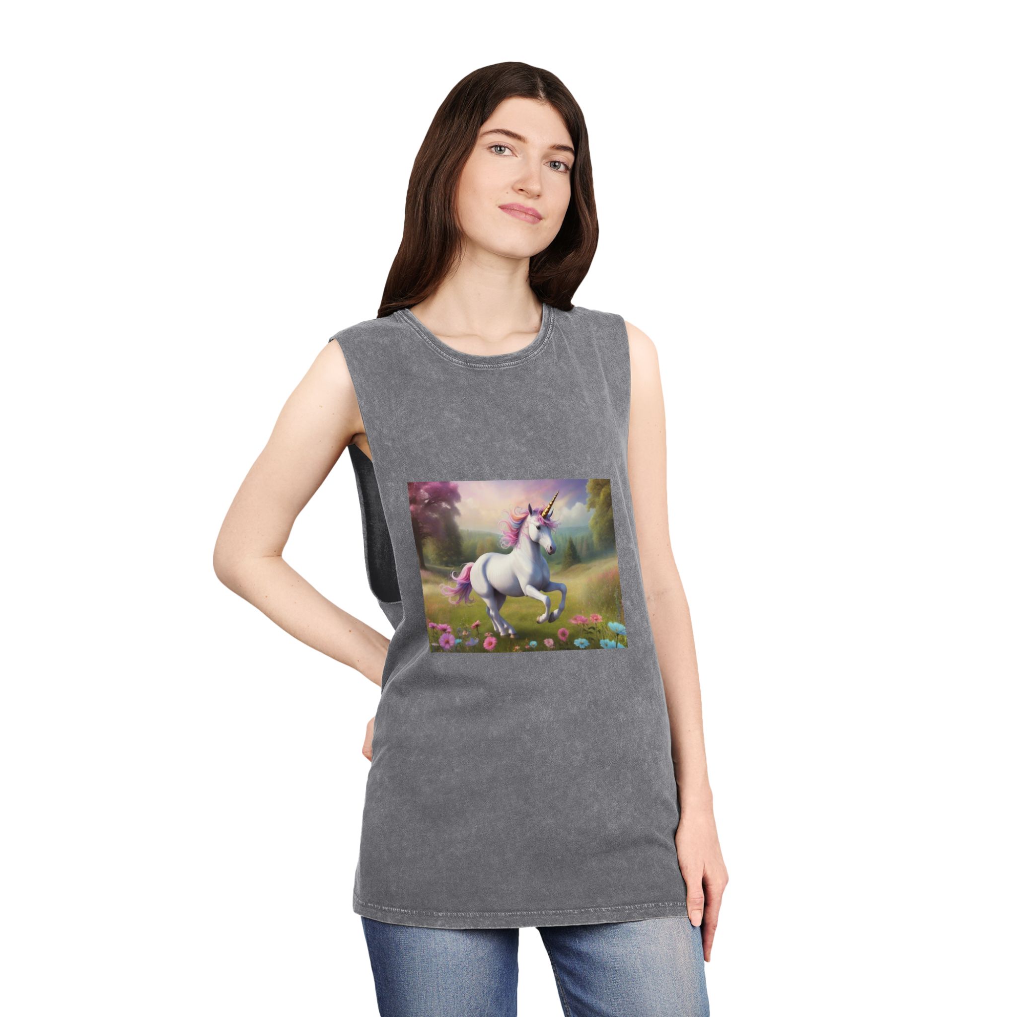 Beautiful Unicorn Running Magical Meadow Unicorn Background Images Whimsical Unicorn (85) Unisex Stonewash Tank Top - Image 12