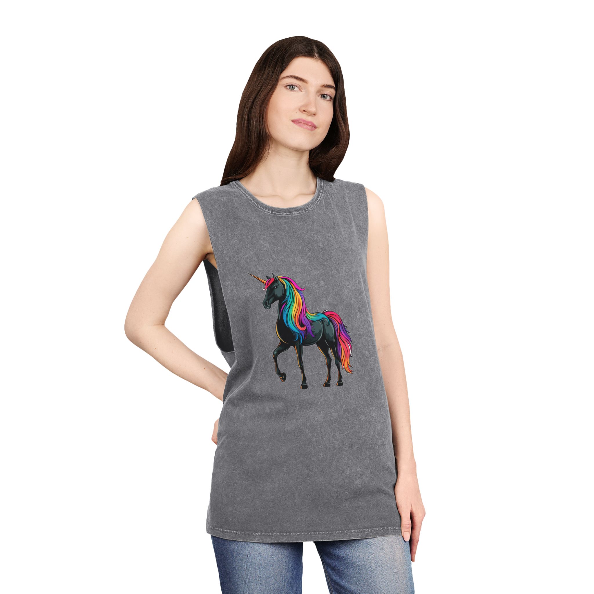 Cartoon Unicorn With Rainbow Mane Horn Generative Ai Unisex Stonewash Tank Top - Image 12
