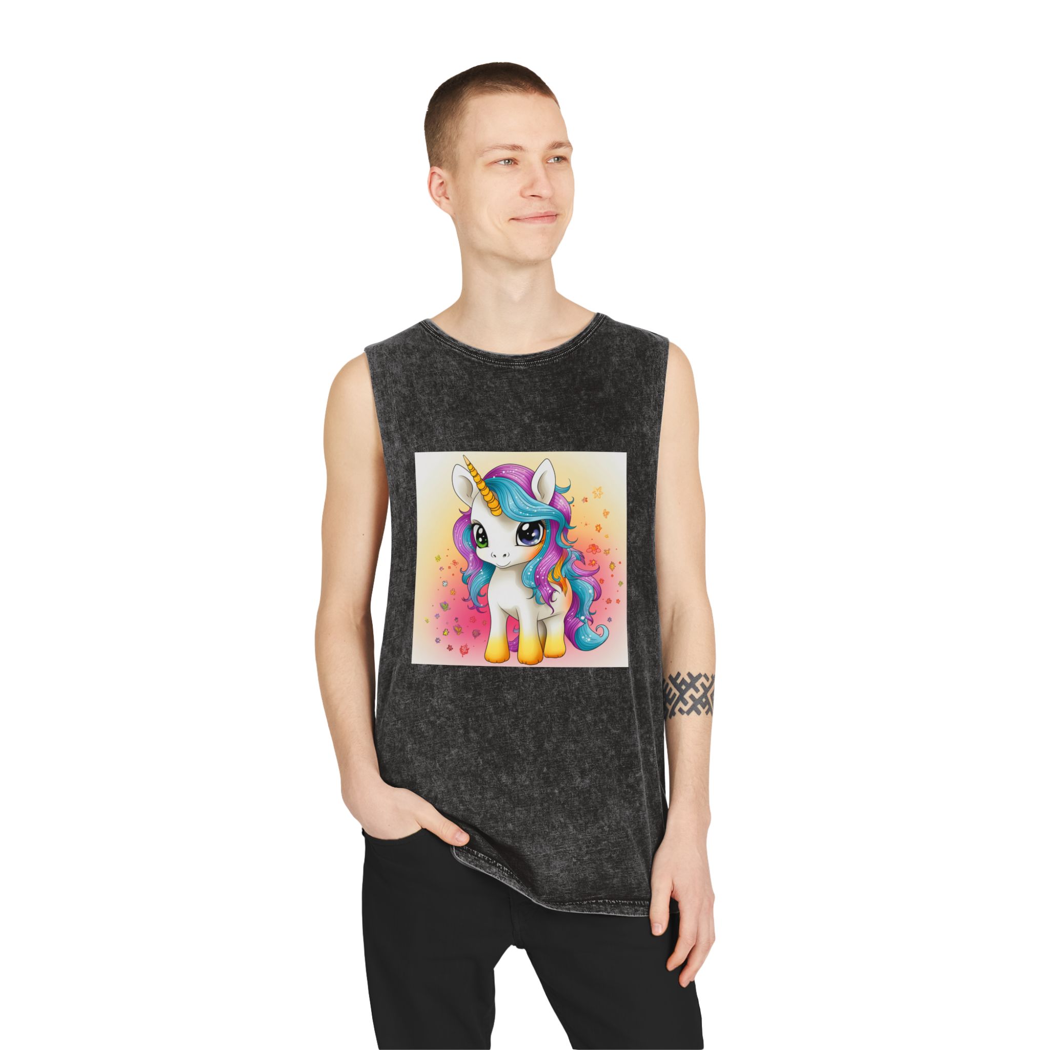 Close Up Cartoon Unicorn With Colorful Mane Generative Ai Unisex Stonewash Tank Top - Image 3