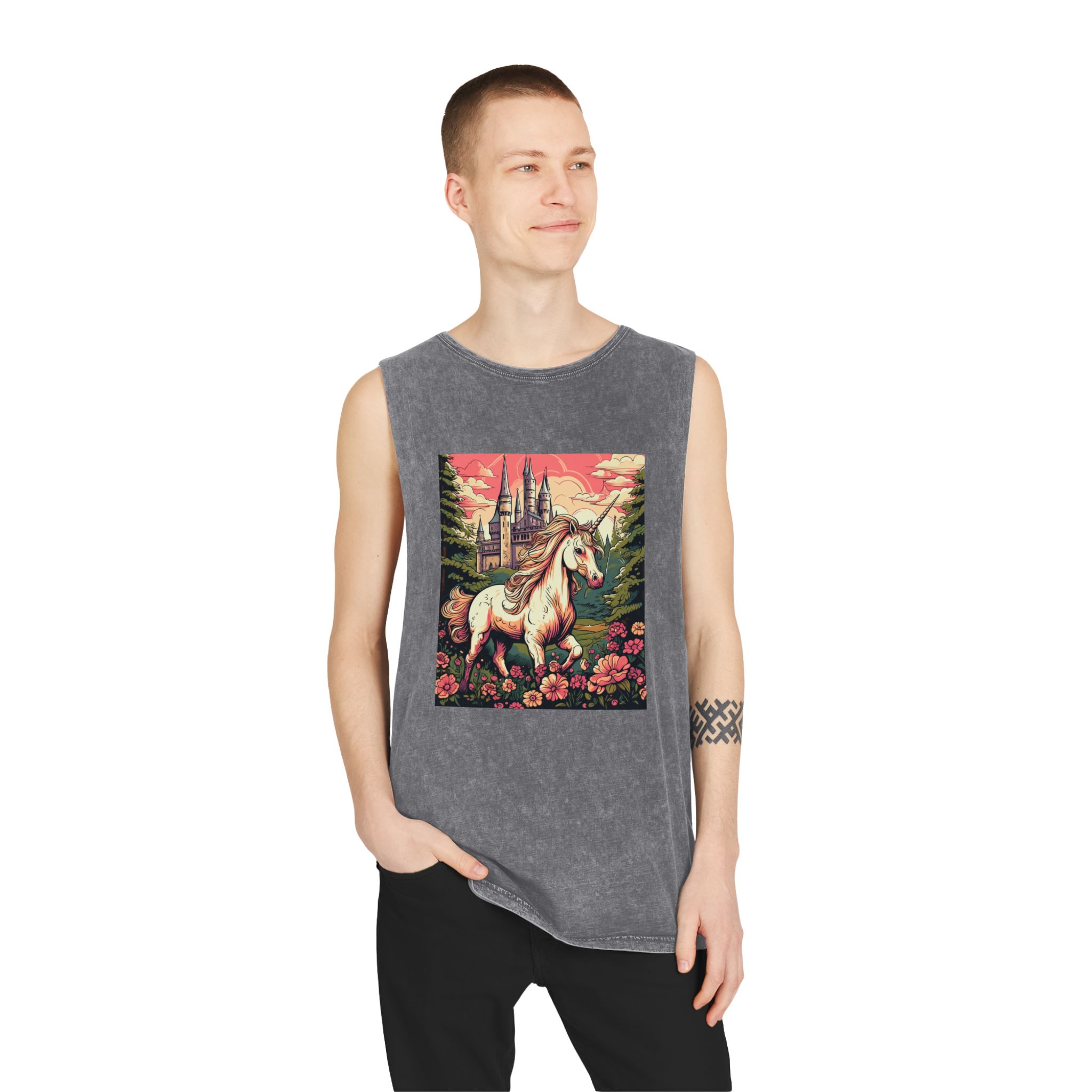 Unicorn Front Castle With Flowers Trees Generative Ai Unisex Stonewash Tank Top - Image 11