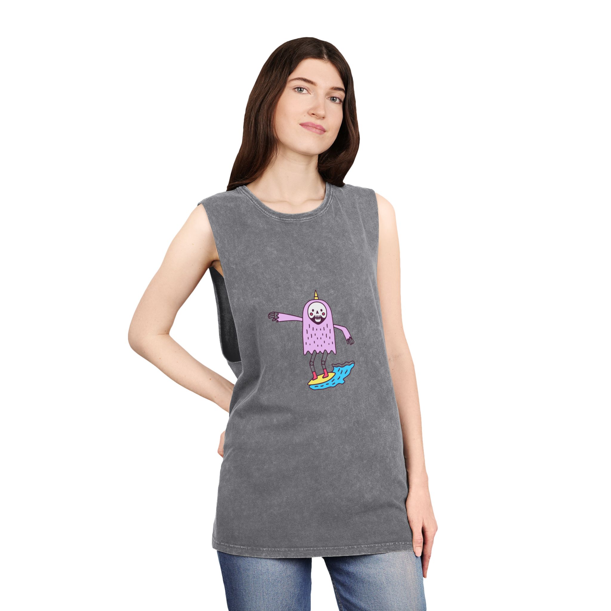 Cute Unicorn Grim Reaper Surfing Illustration T Shirt Sticker Apparel Merchandise Unisex Stonewash Tank Top - Image 12
